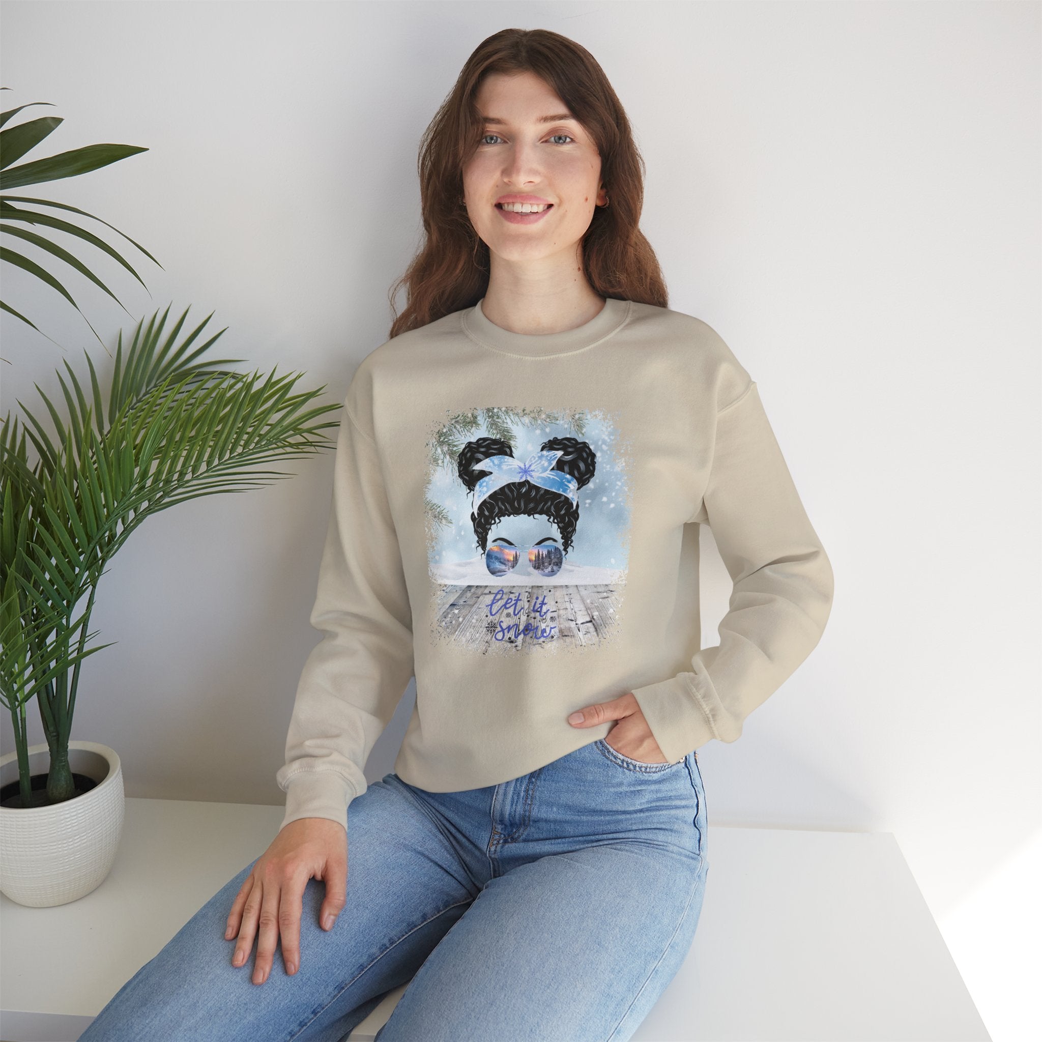 Let it Snow, Snowy Porch, Black Hair Messy Bun, Unisex Heavy Blend™ Crewneck Sweatshirt