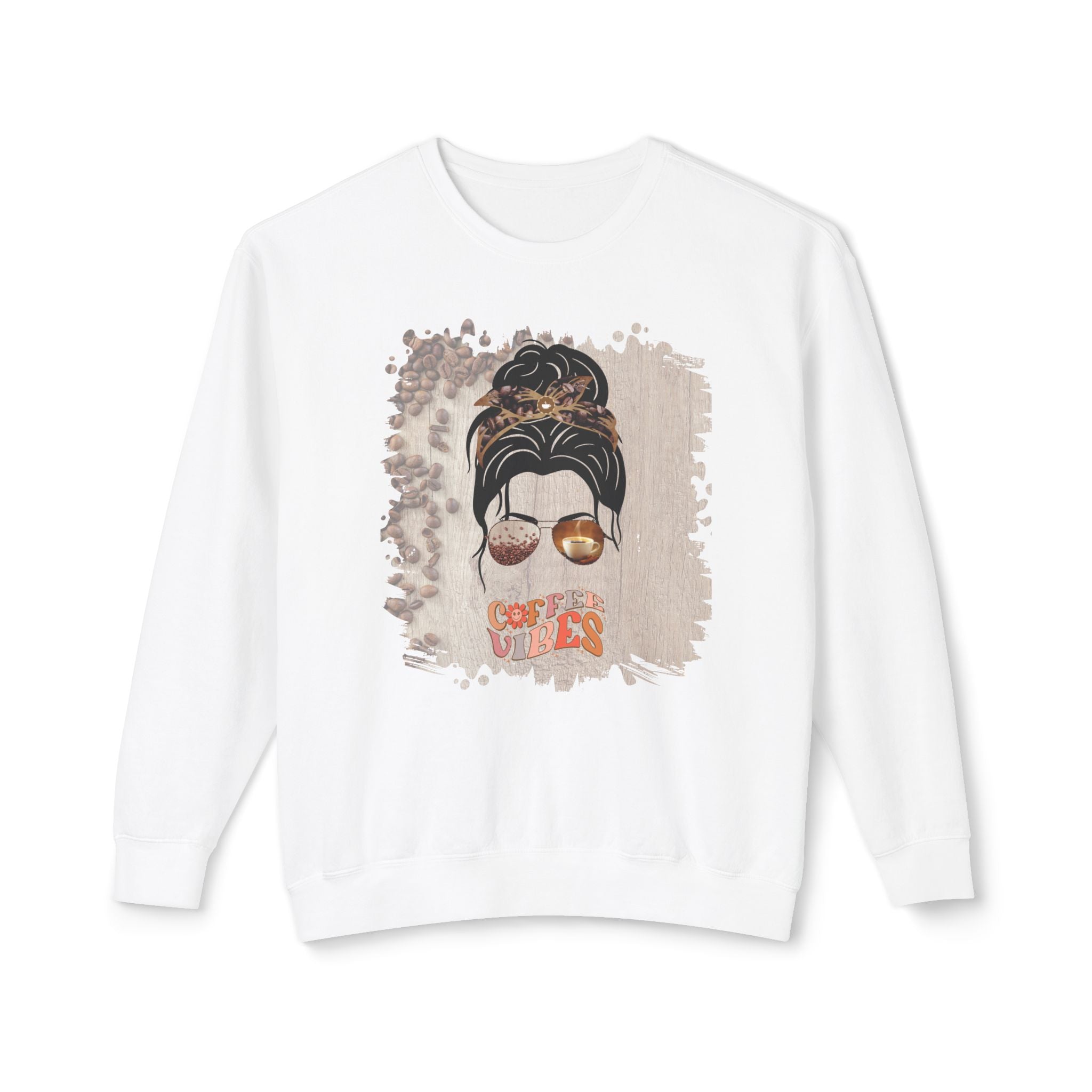 Coffee Vibes, Coffee Beans Table, Dark Hair Messy Bun, Unisex Lightweight Crewneck Sweatshirt