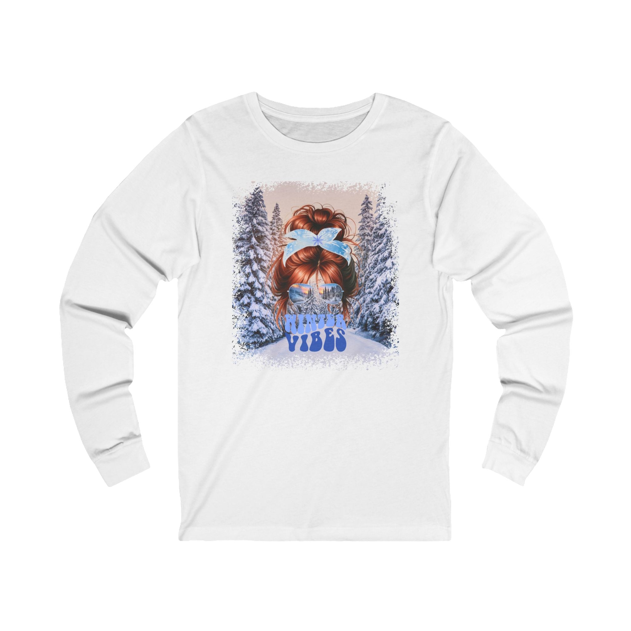 Winter Vibes Winter Trail, Red Hair Messy Bun, Unisex Jersey Long Sleeve Tee