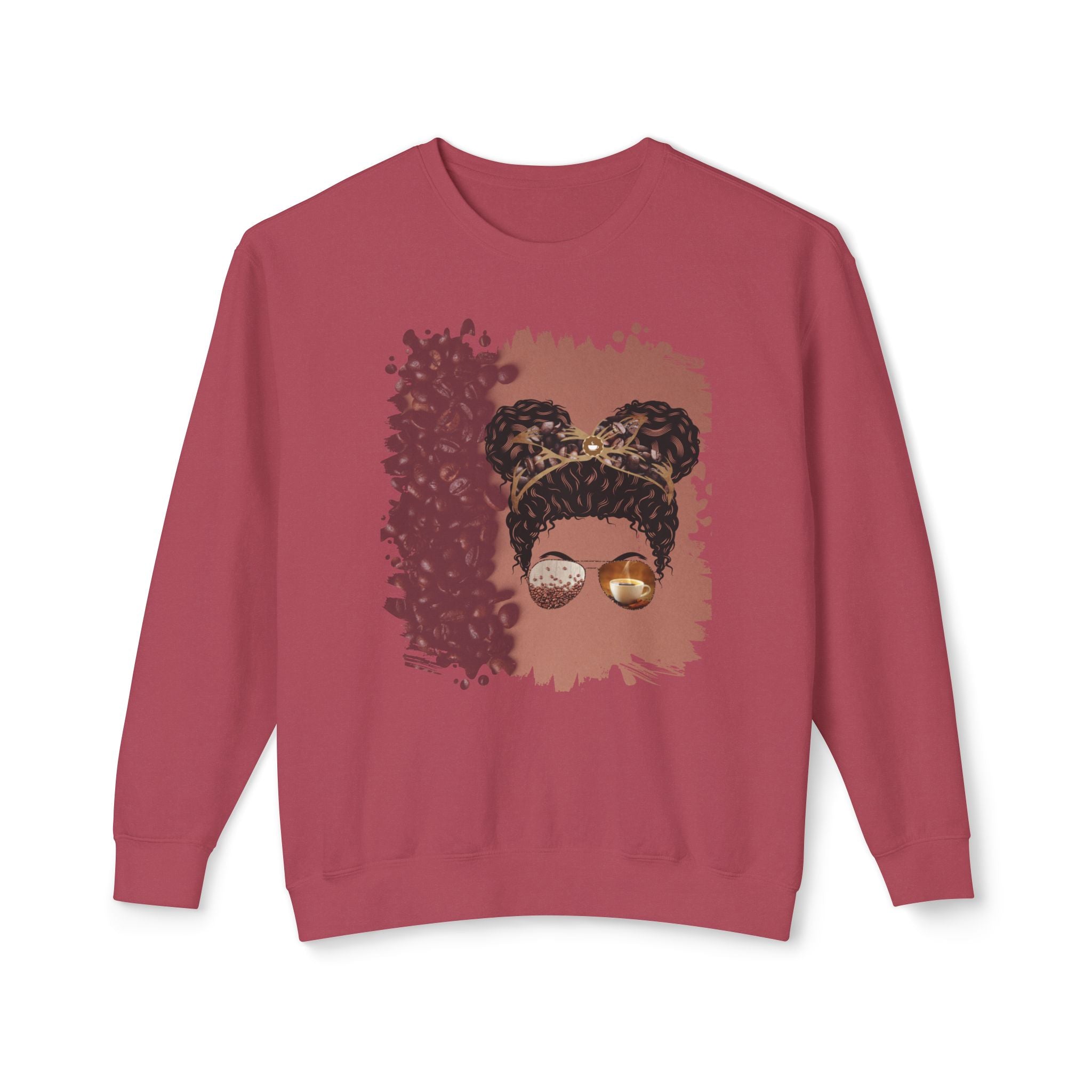 Coffee Beans Shade, Black Hair Messy Bun, Unisex Lightweight Crewneck Sweatshirt