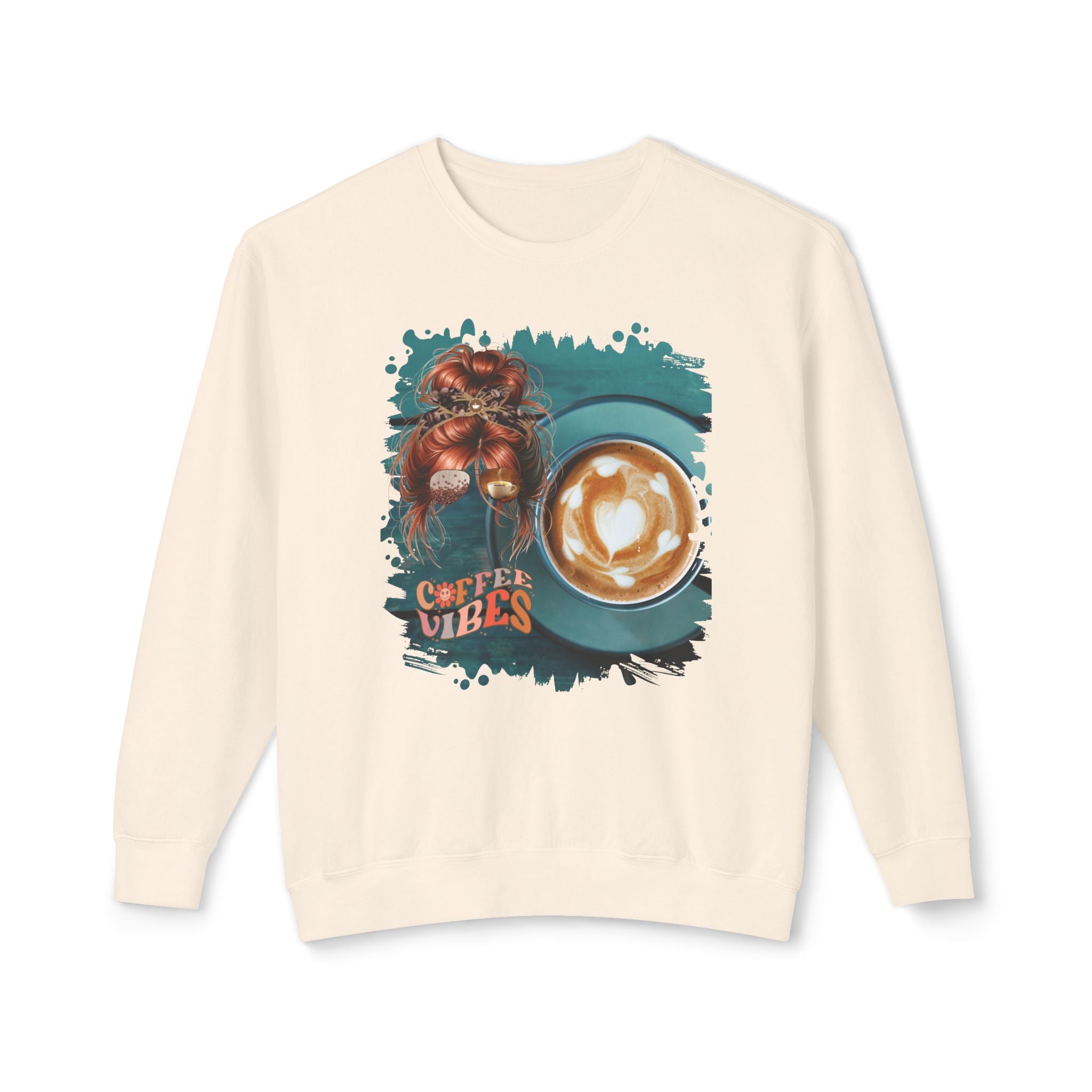 Coffee Vibes, Coffee Cup, Red Hair Messy Bun, Unisex Lightweight Crewneck Sweatshirt