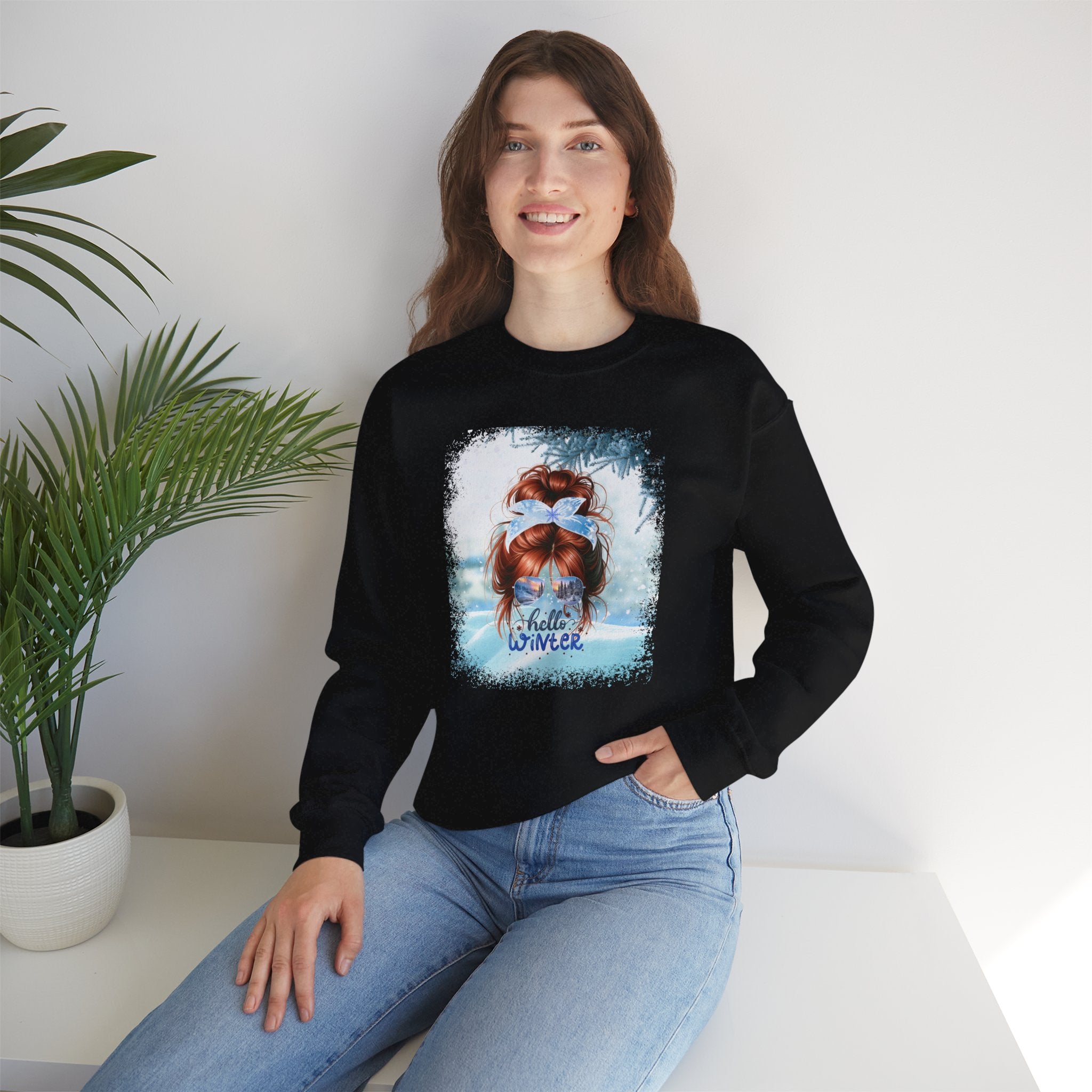 Hello Winter Snow, Red Hair Messy Bun, Unisex Heavy Blend™ Crewneck Sweatshirt