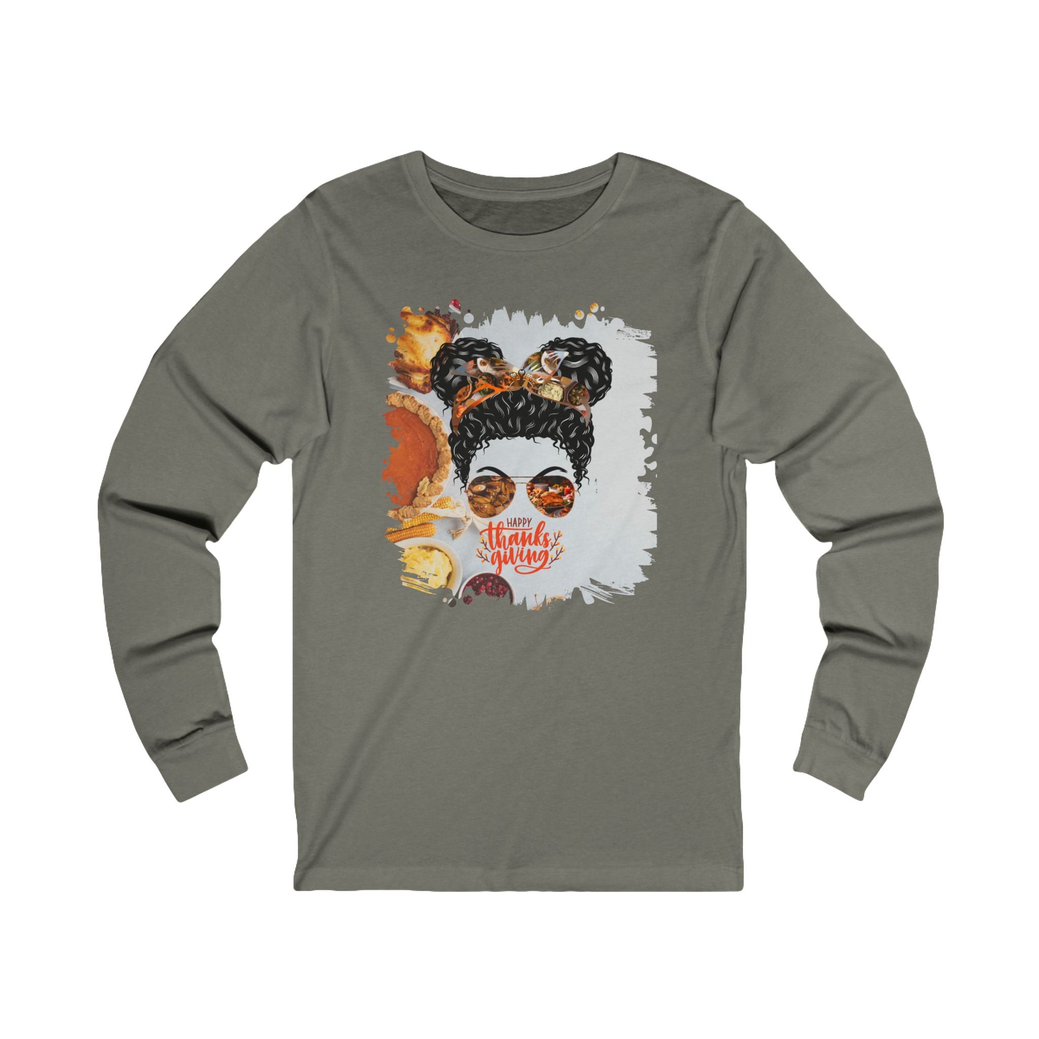 Happy Thanksgiving Thanksgiving Pie, Black Hair Messy Bun, Unisex Jersey Long Sleeve Tee