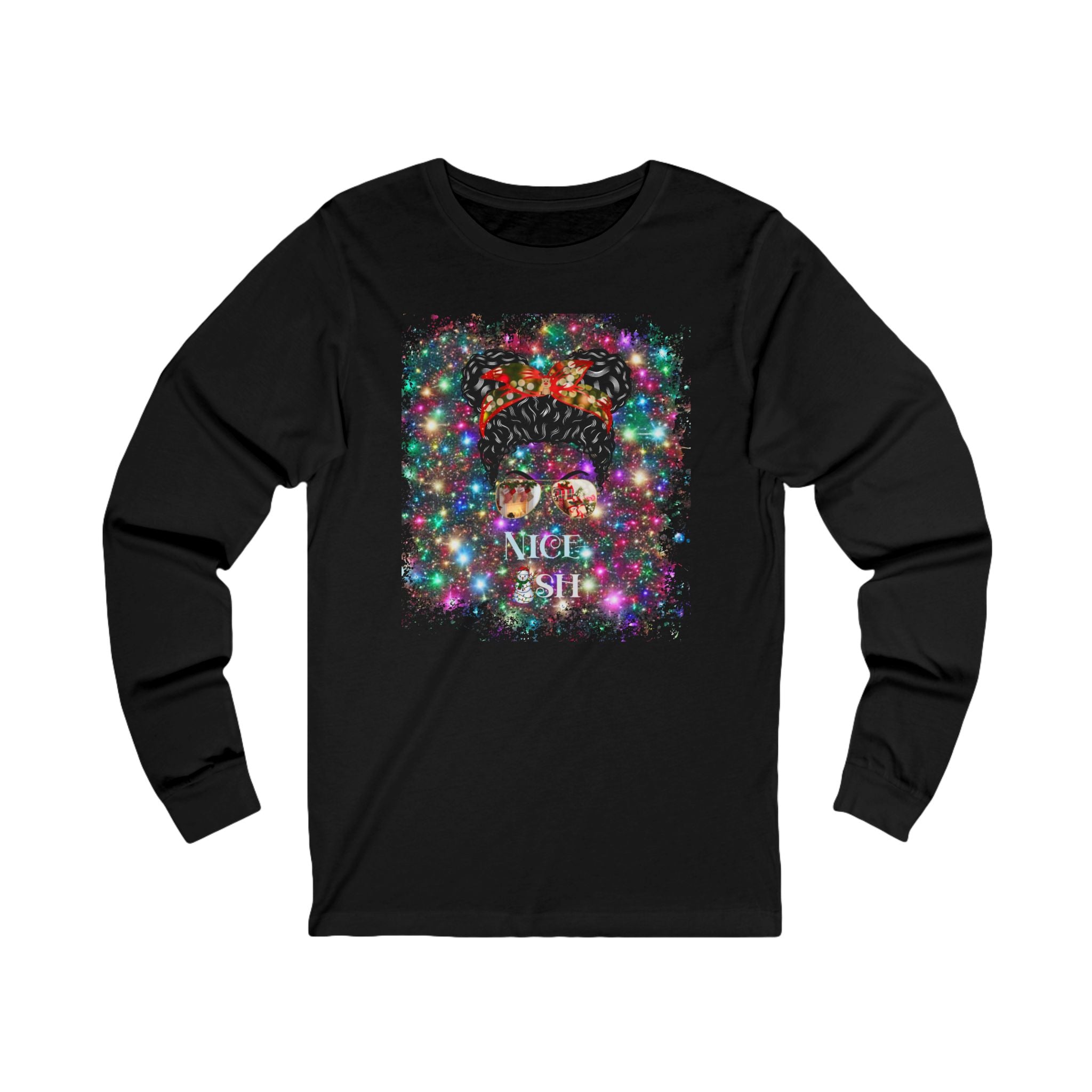 Nice-ish Christmas Lights, Black Hair Messy Bun, Unisex Jersey Long Sleeve Tee