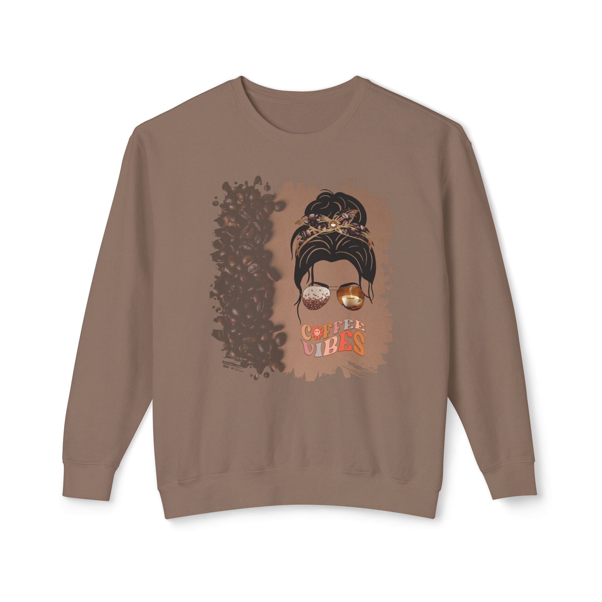 Coffee Vibes, Coffee Beans Shade, Dark Hair Messy Bun, Unisex Lightweight Crewneck Sweatshirt