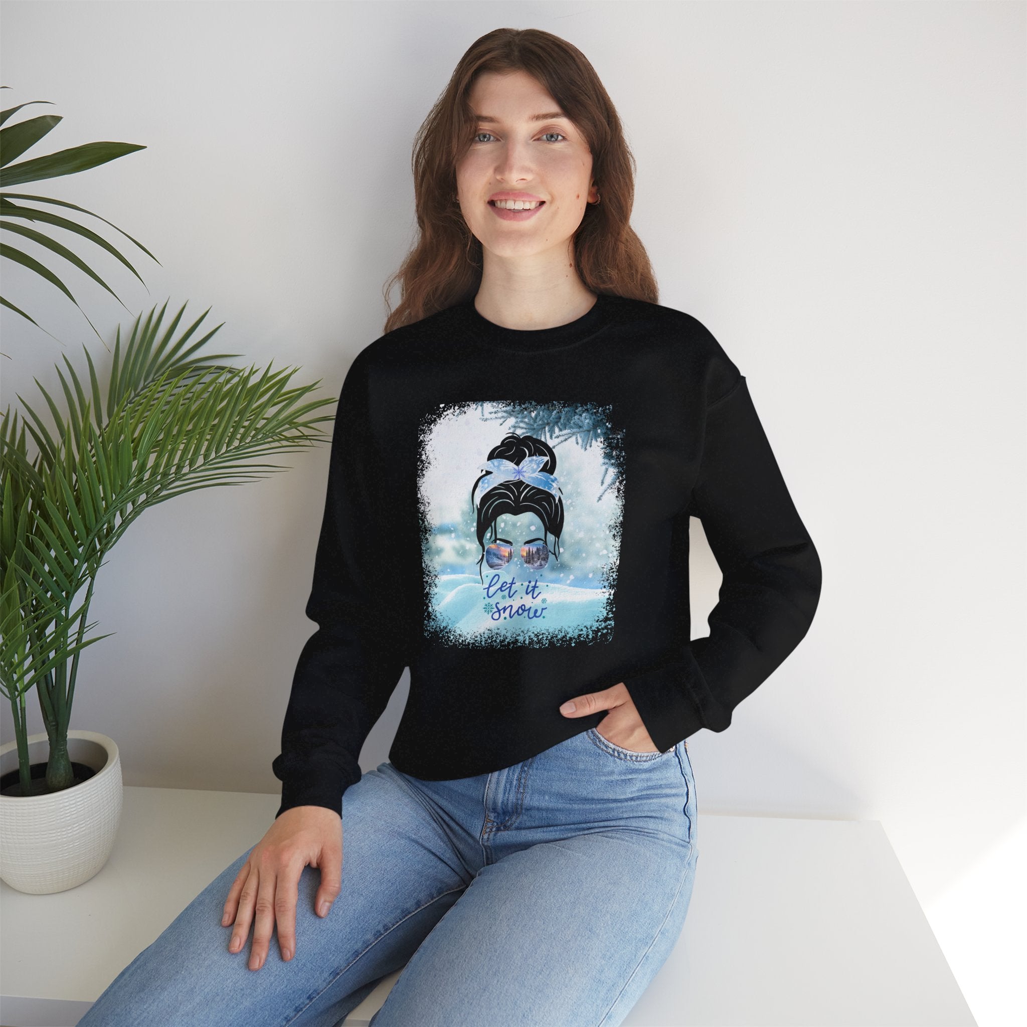 Let it Snow, Snow, Dark Hair Messy Bun, Unisex Heavy Blend™ Crewneck Sweatshirt