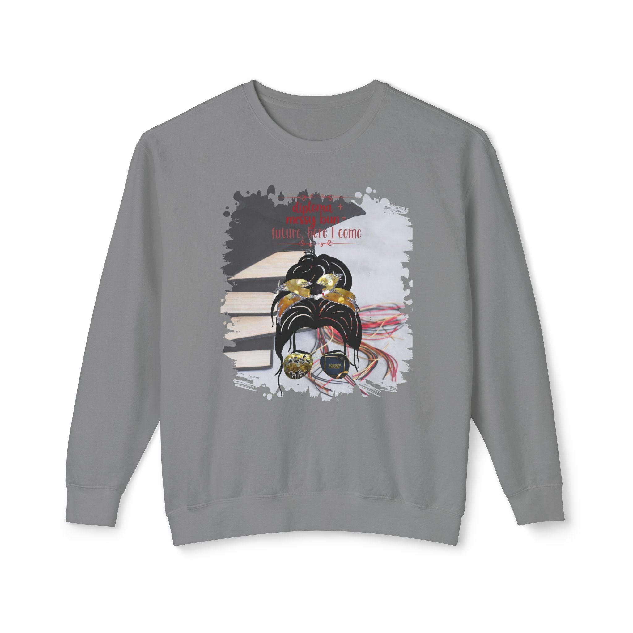 Diploma + Messy Bun, Cap & Books, Dark Hair Messy Bun, Unisex Lightweight Crewneck Sweatshirt
