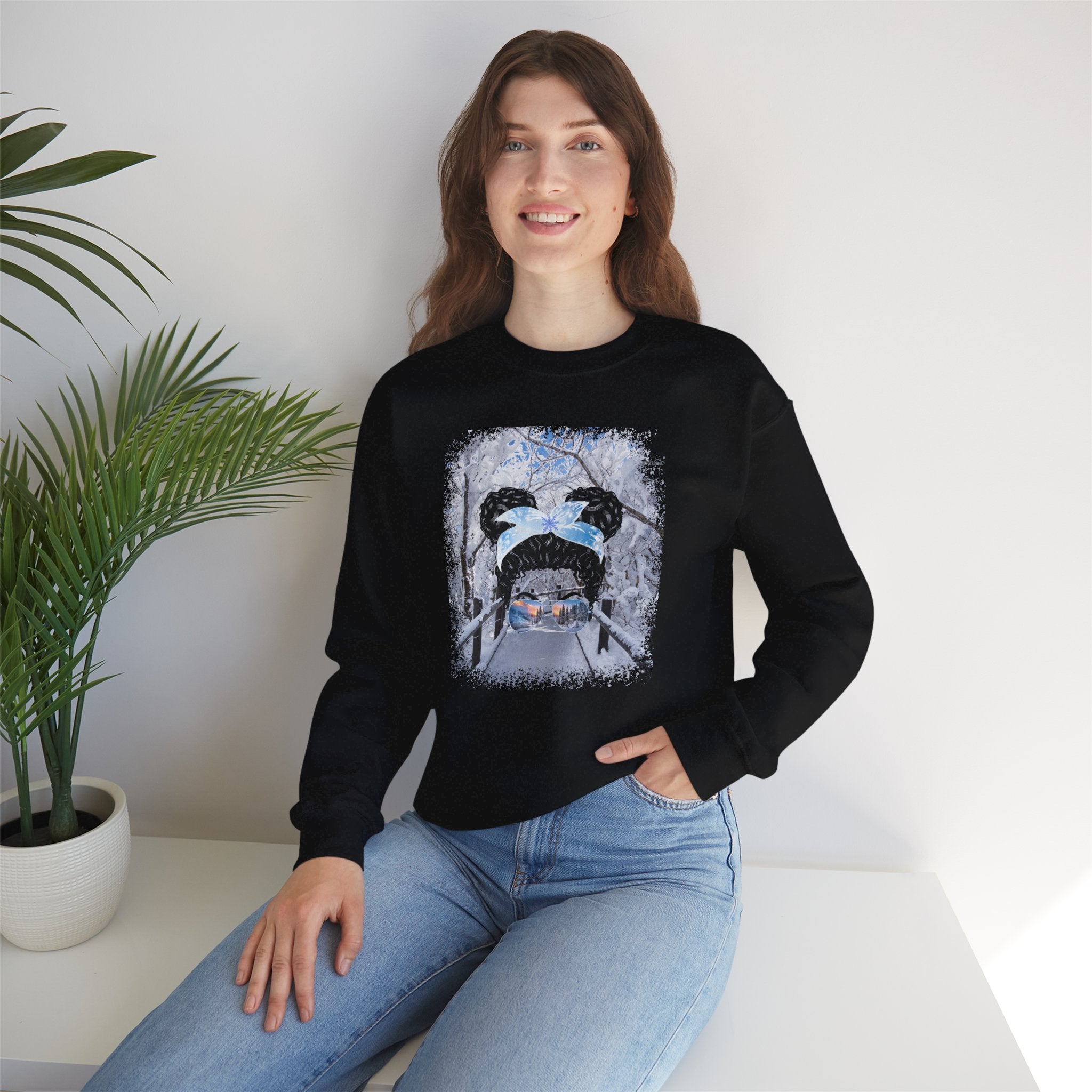 Winter Hike, Black Hair Messy Bun, Unisex Heavy Blend™ Crewneck Sweatshirt