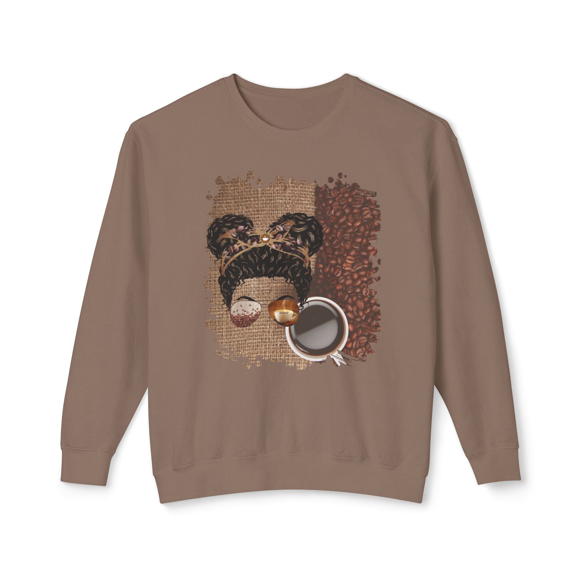 Coffee Beans Bag, Black Hair Messy Bun, Unisex Lightweight Crewneck Sweatshirt