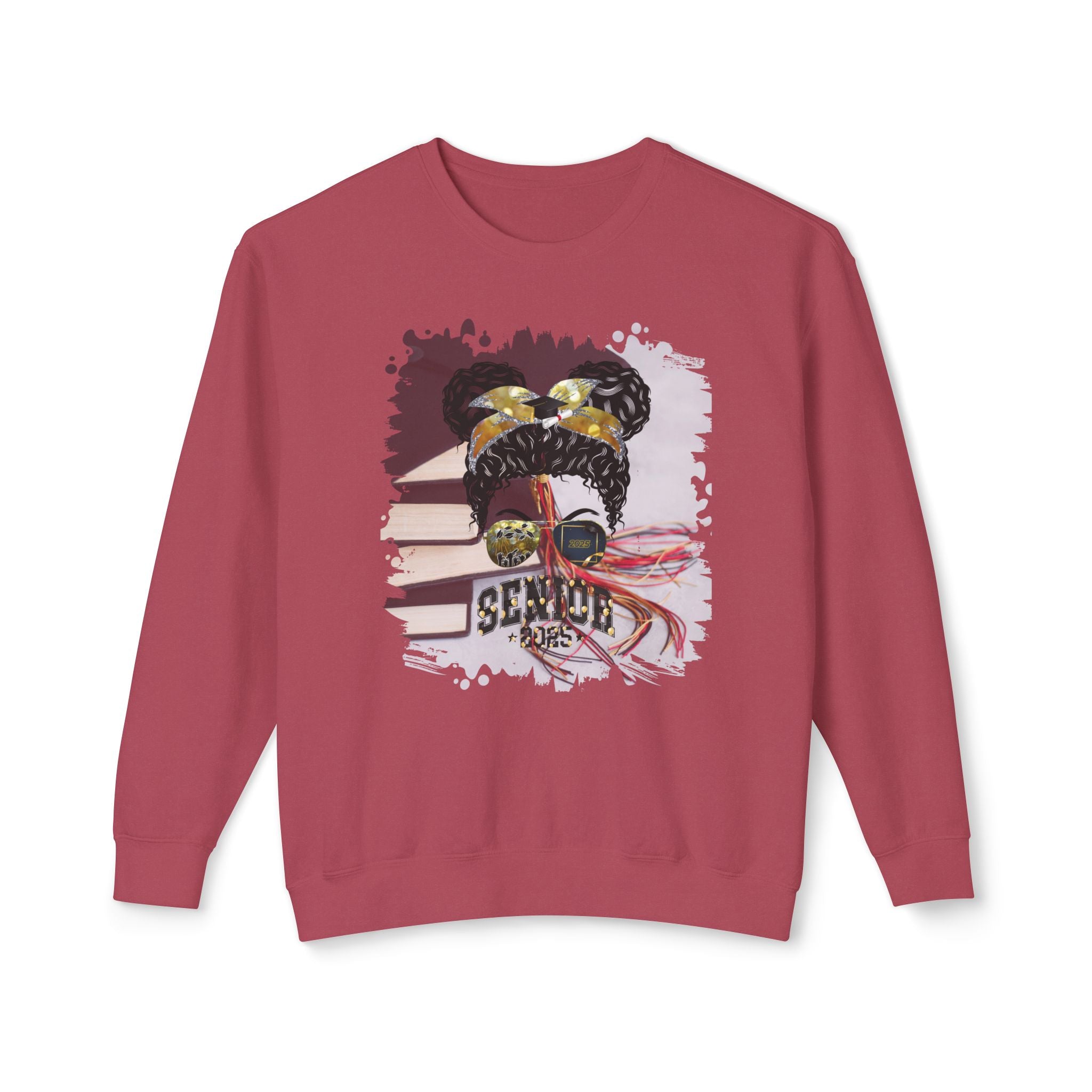 Senior 2025 Balloons, Cap & Books, Black Hair Messy Bun, Unisex Lightweight Crewneck Sweatshirt