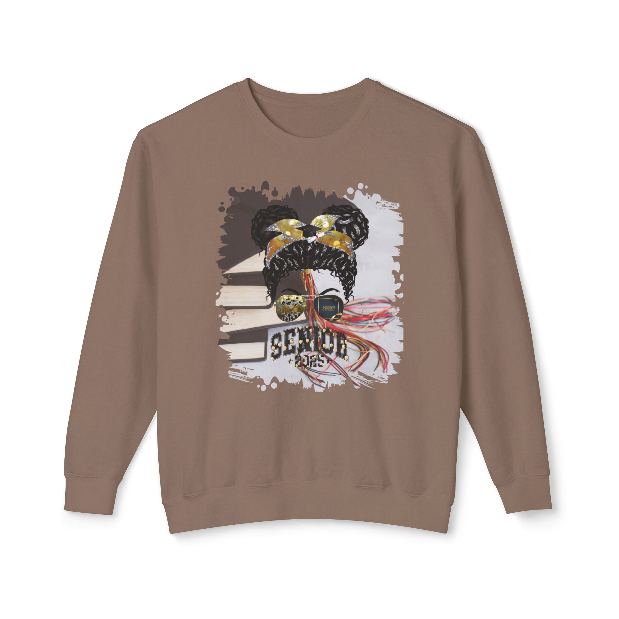 Senior 2025 Balloons, Cap & Books, Black Hair Messy Bun, Unisex Lightweight Crewneck Sweatshirt