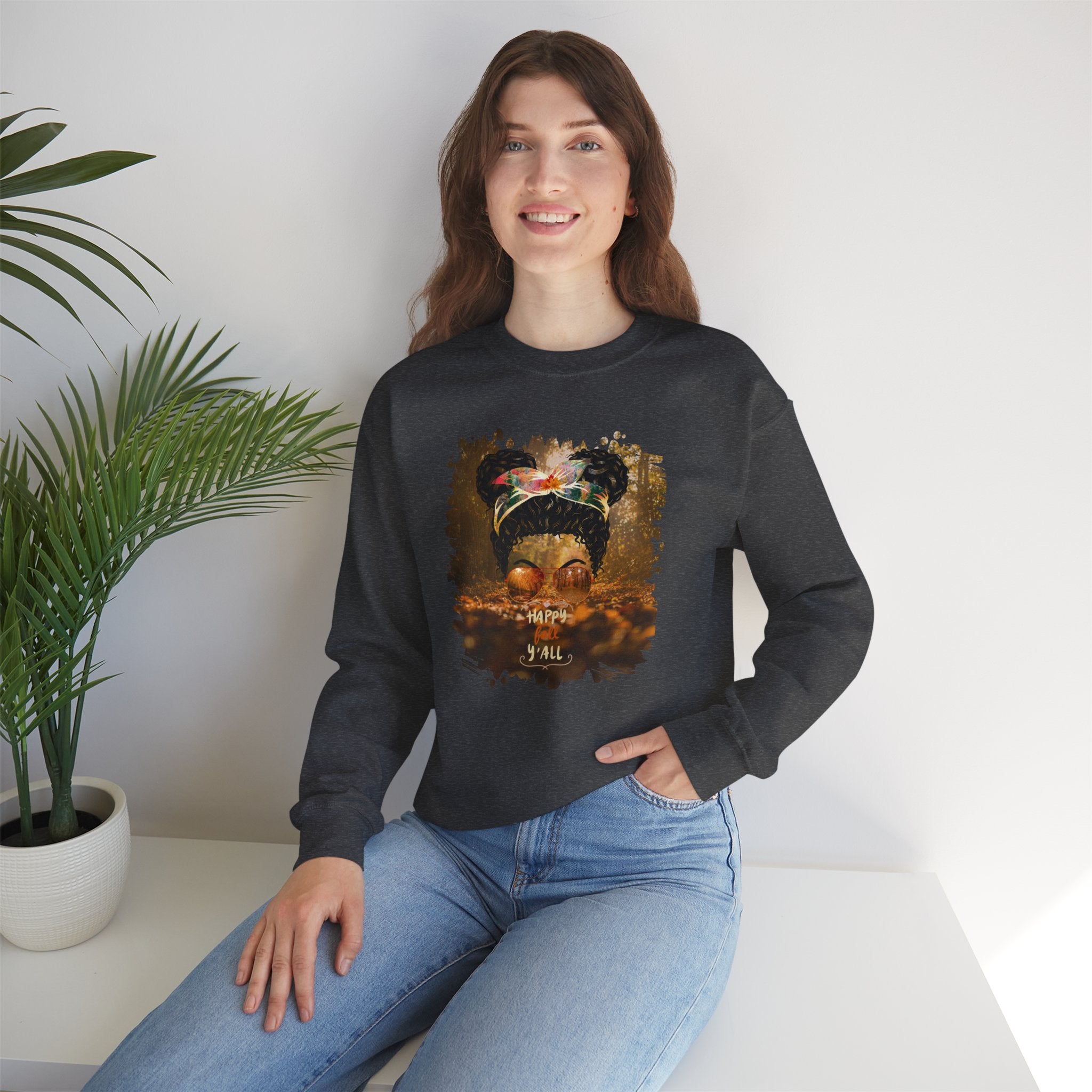 Happy Fall Y'all Fall Forest, Black Hair Messy Bun, Unisex Heavy Blend™ Crewneck Sweatshirt