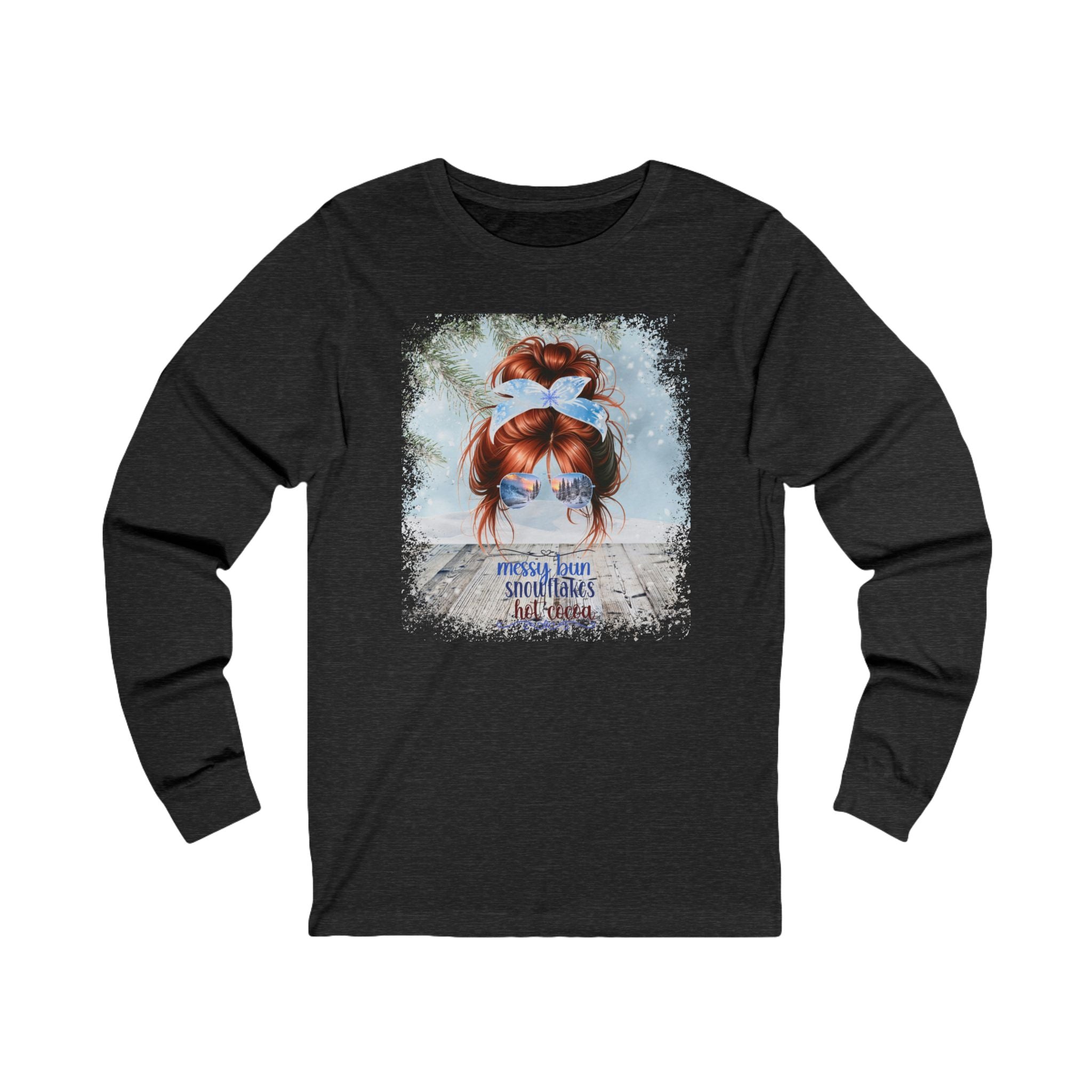 Messy Bun Winter Snowy Porch, Red Hair Messy Bun, Unisex Jersey Long Sleeve Tee