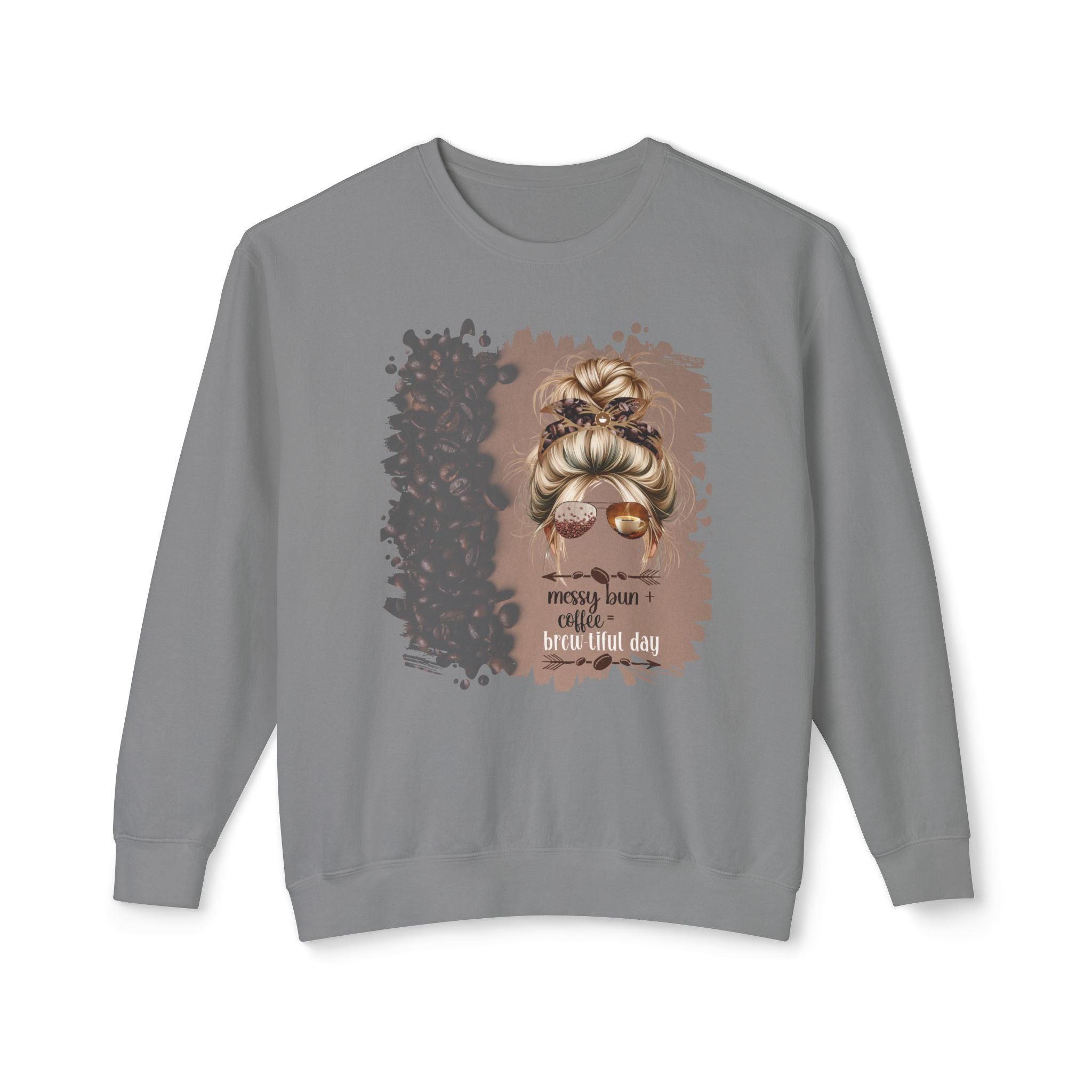 Messy Bun plus Coffee, Coffee Beans Shade, Blond Hair Messy Bun, Unisex Lightweight Crewneck Sweatshirt