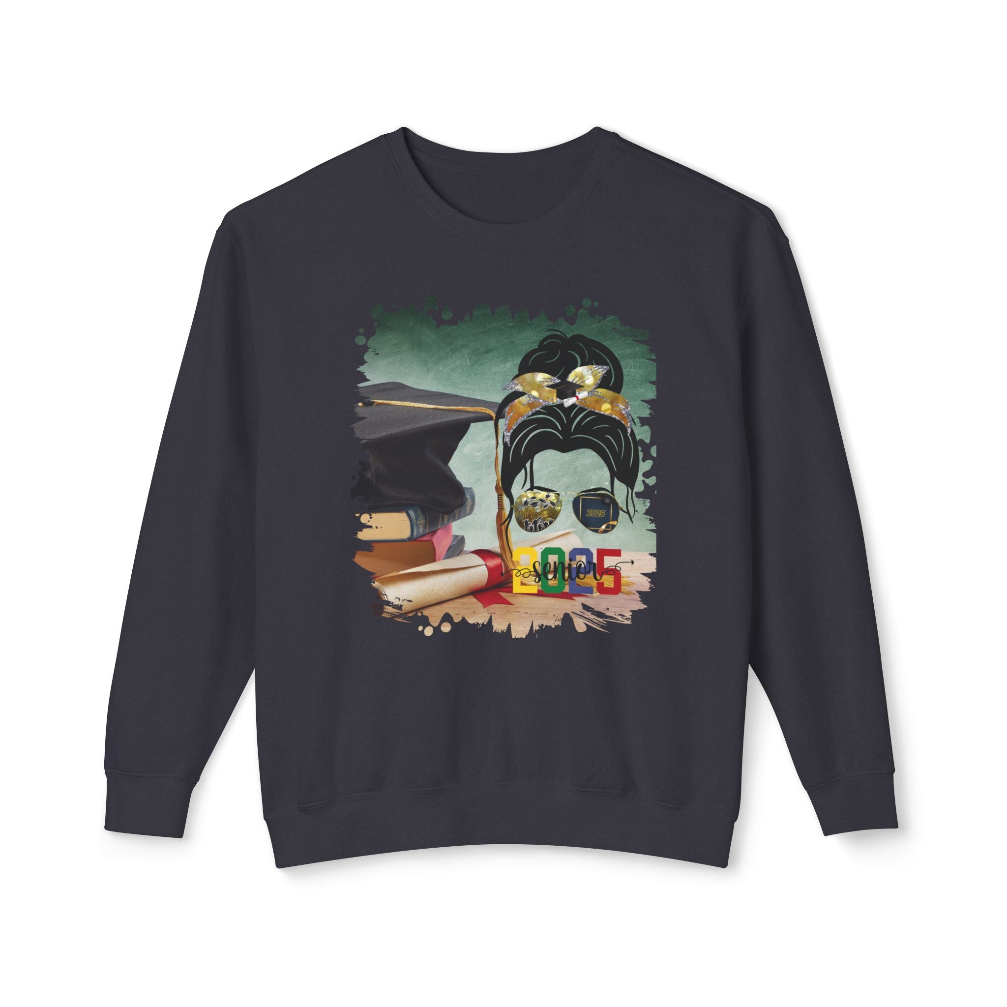 Senior 2025 Colorful, Cap & Degree/Diploma, Dark Hair Messy Bun, Unisex Lightweight Crewneck Sweatshirt