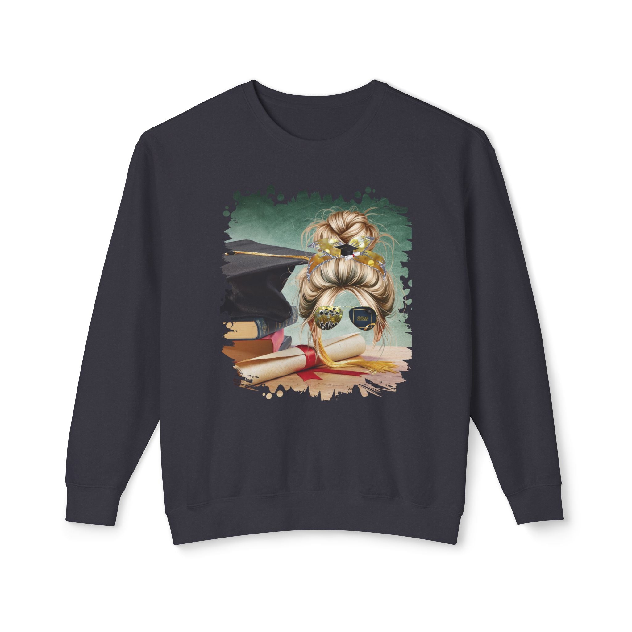 Cap & Degree/Diploma, Blond Hair Messy Bun, Unisex Lightweight Crewneck Sweatshirt