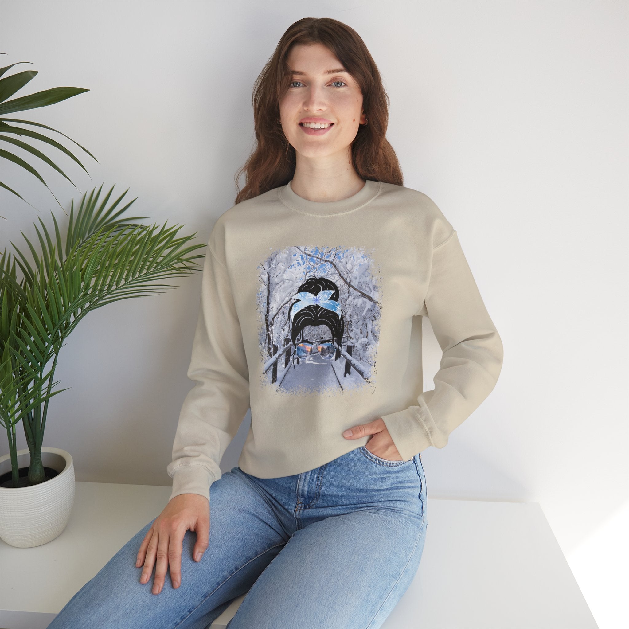 Winter Hike, Dark Hair Messy Bun, Unisex Heavy Blend™ Crewneck Sweatshirt