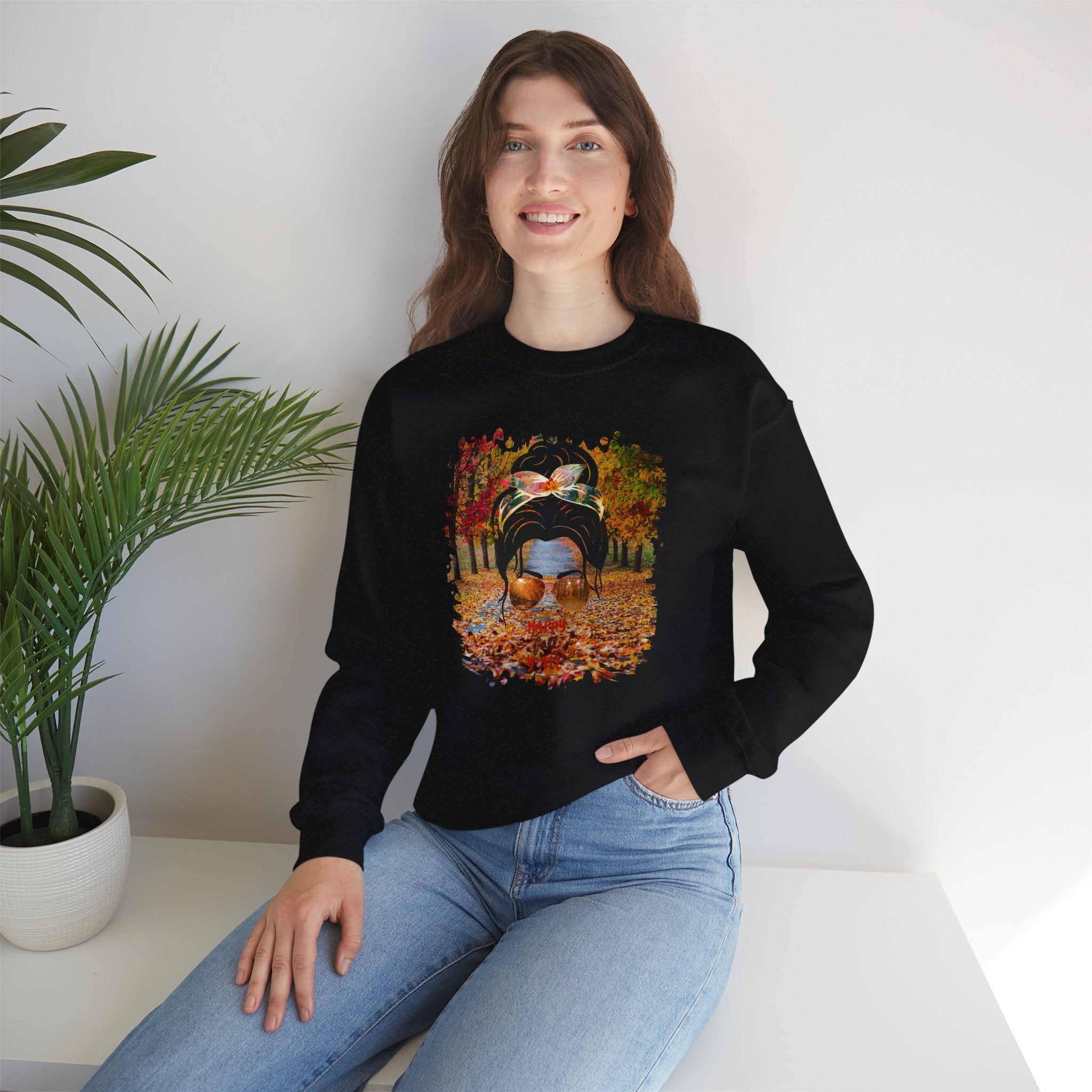 Happy Fall Y'all Fall Trail, Dark Hair Messy Bun, Unisex Heavy Blend™ Crewneck Sweatshirt