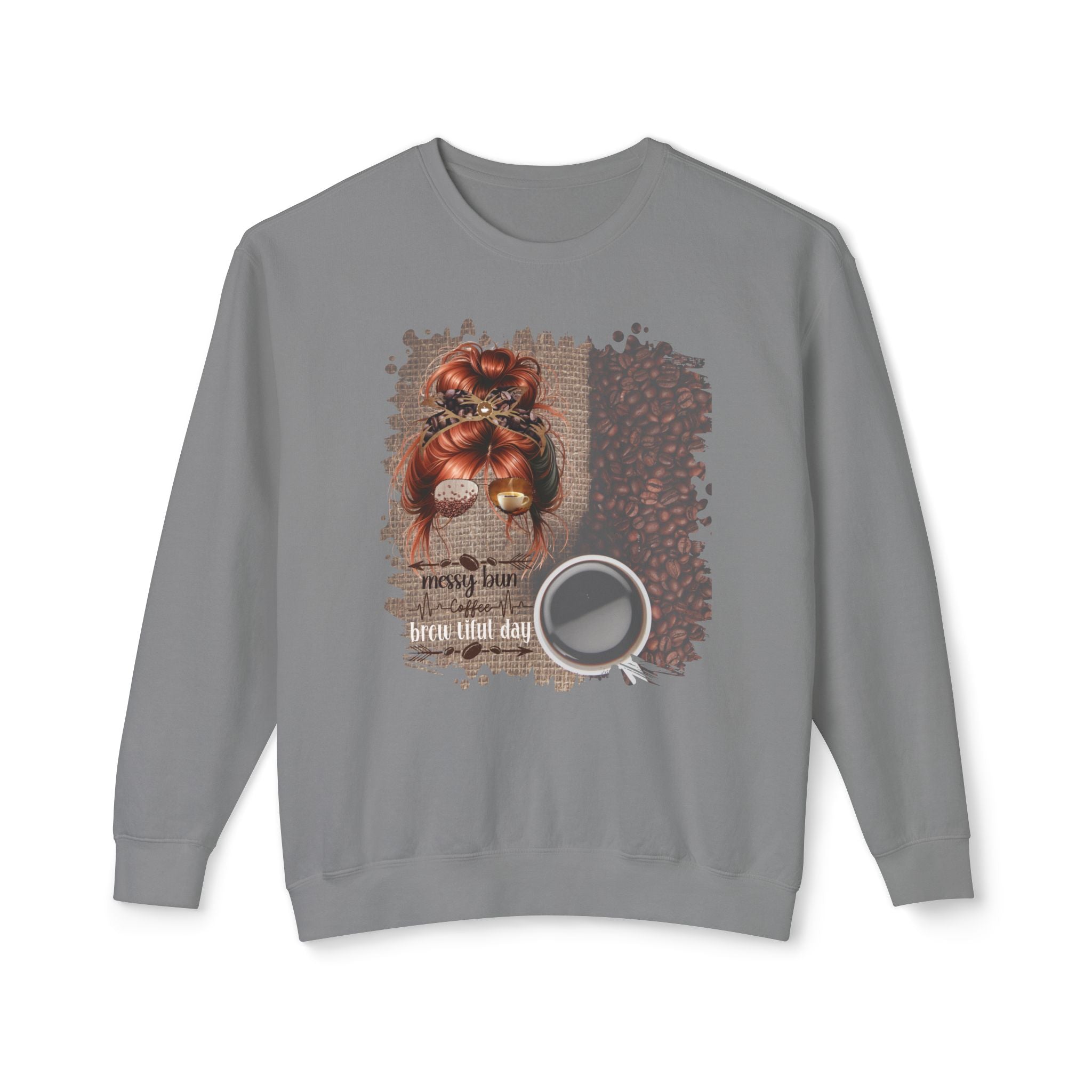 Coffee Heartbeat, Coffee Beans Bag, Red Hair Messy Bun, Unisex Lightweight Crewneck Sweatshirt