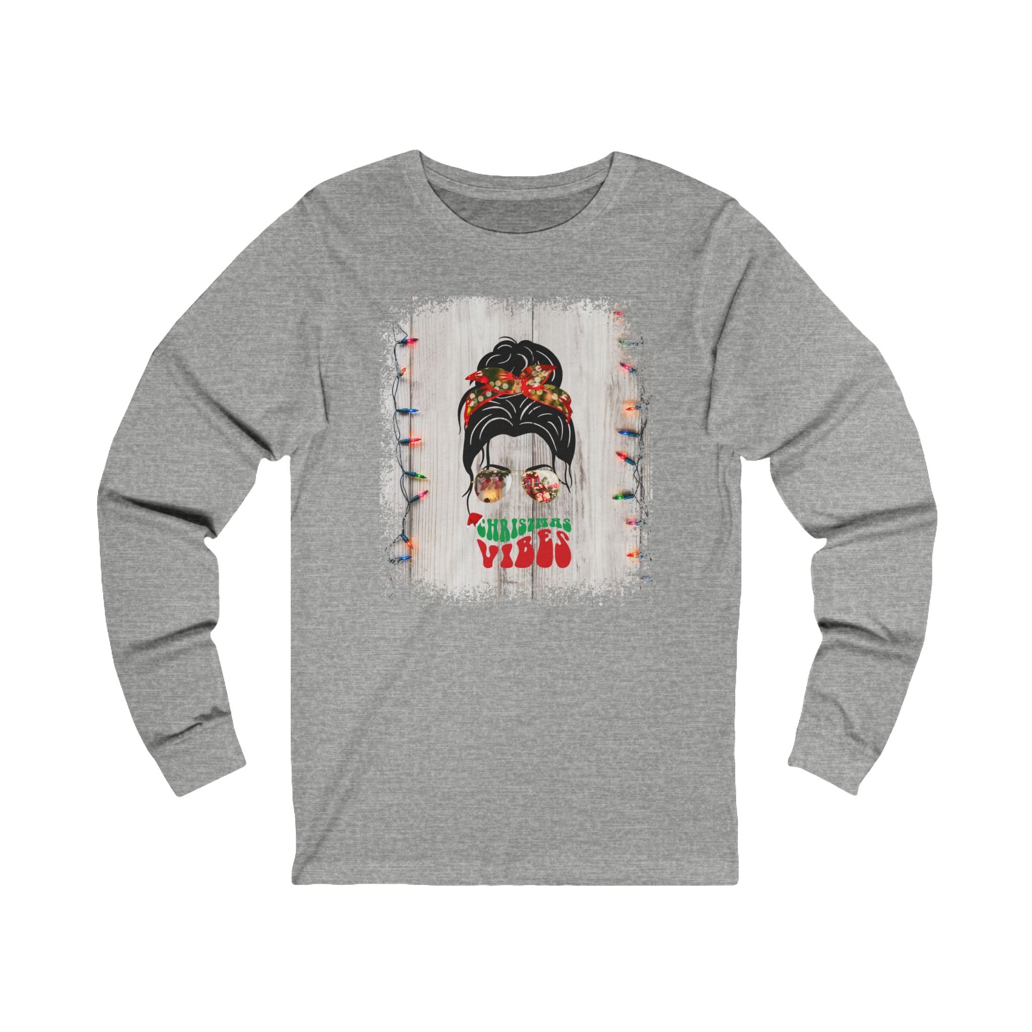 Christmas Vibes Christmas Lights String, Dark Hair Messy Bun, Unisex Jersey Long Sleeve Tee