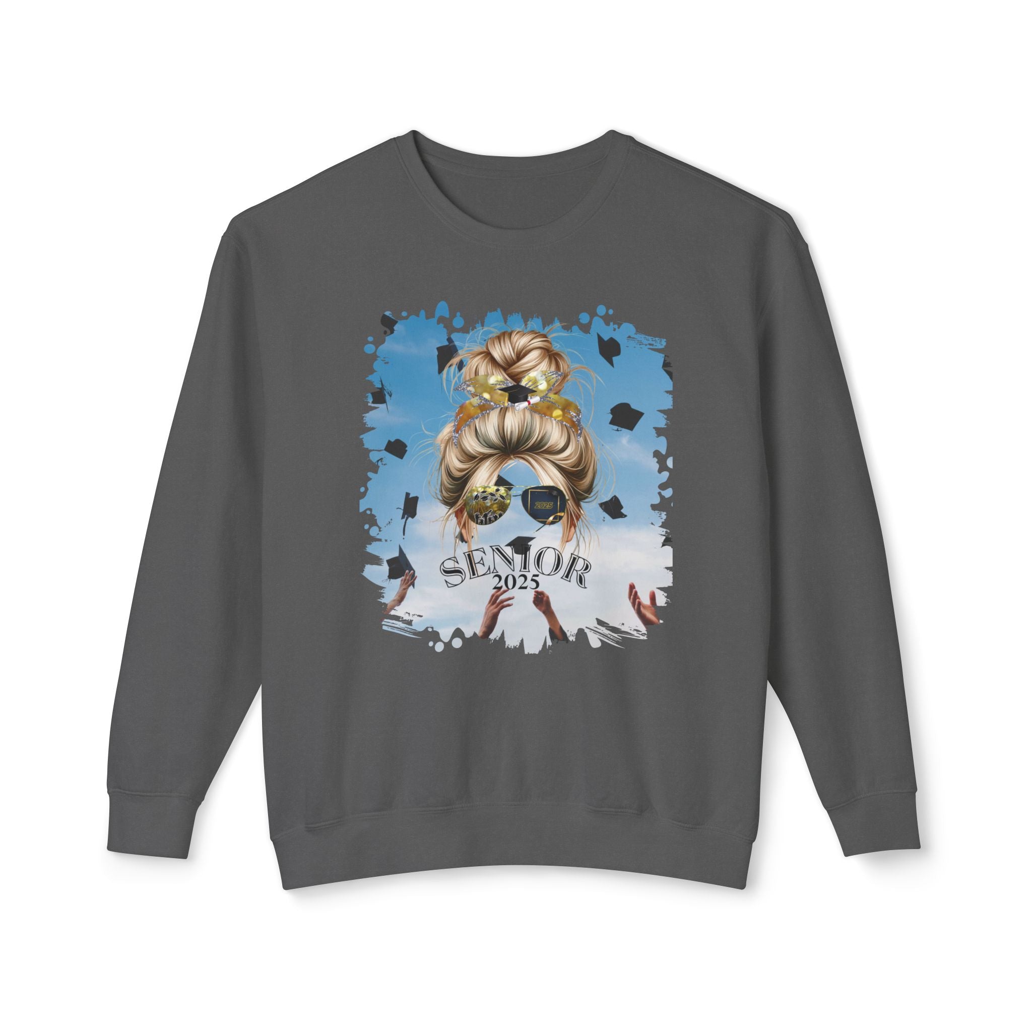 Senior 2025, Celebration, Blond Hair Messy Bun, Unisex Lightweight Crewneck Sweatshirt