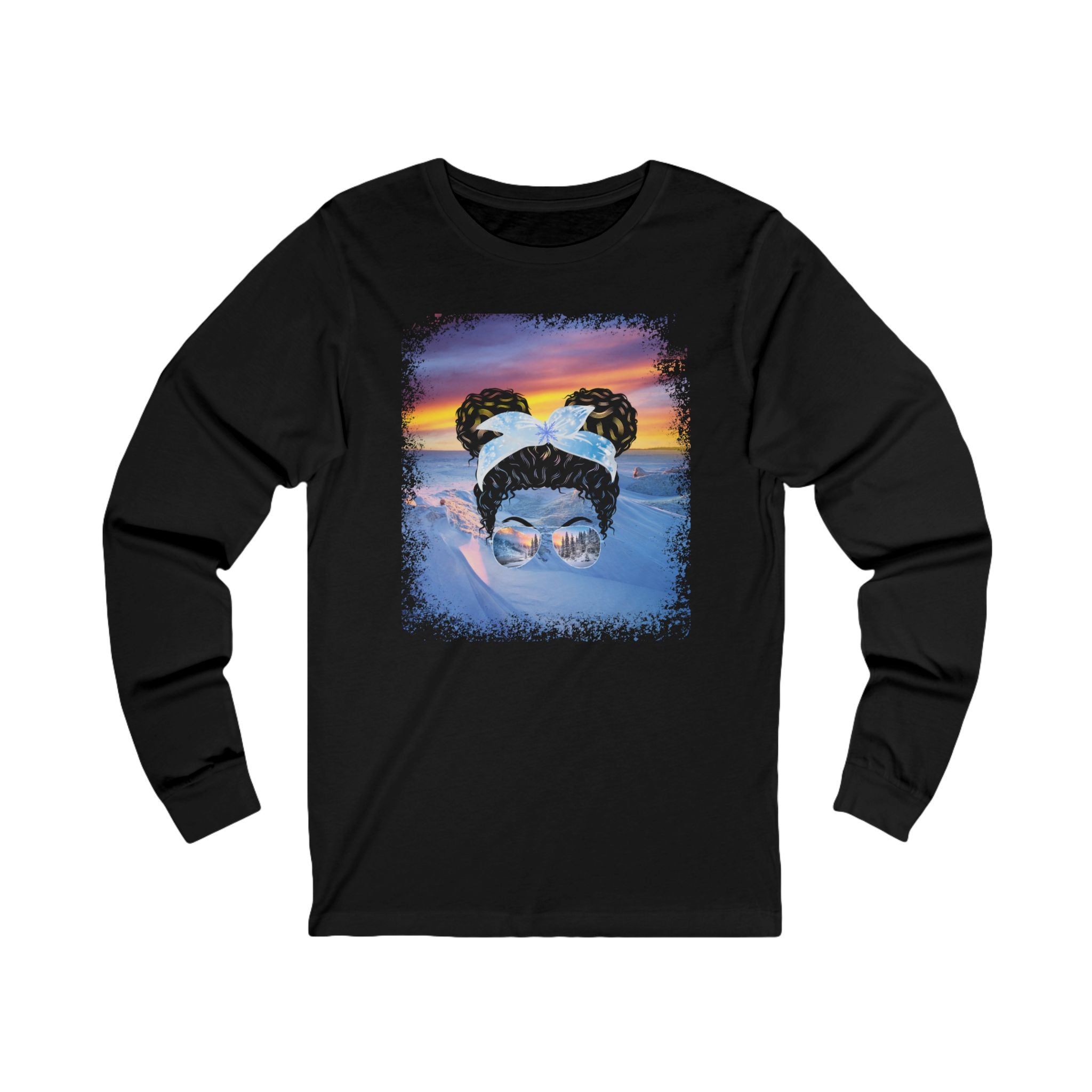 Winter Mountain, Black Hair Messy Bun, Unisex Jersey Long Sleeve Tee