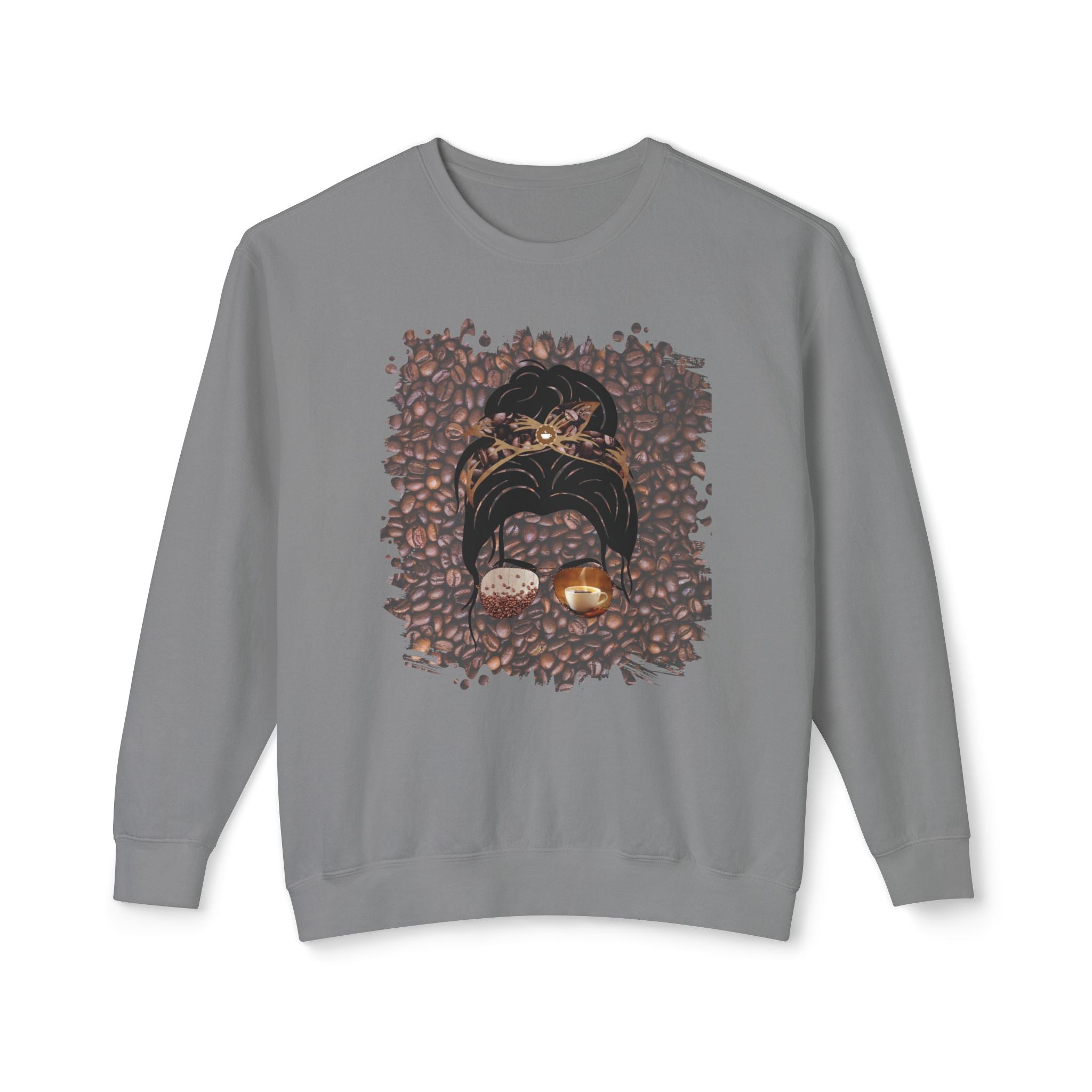 Coffee Beans, Dark Hair Messy Bun, Unisex Lightweight Crewneck Sweatshirt