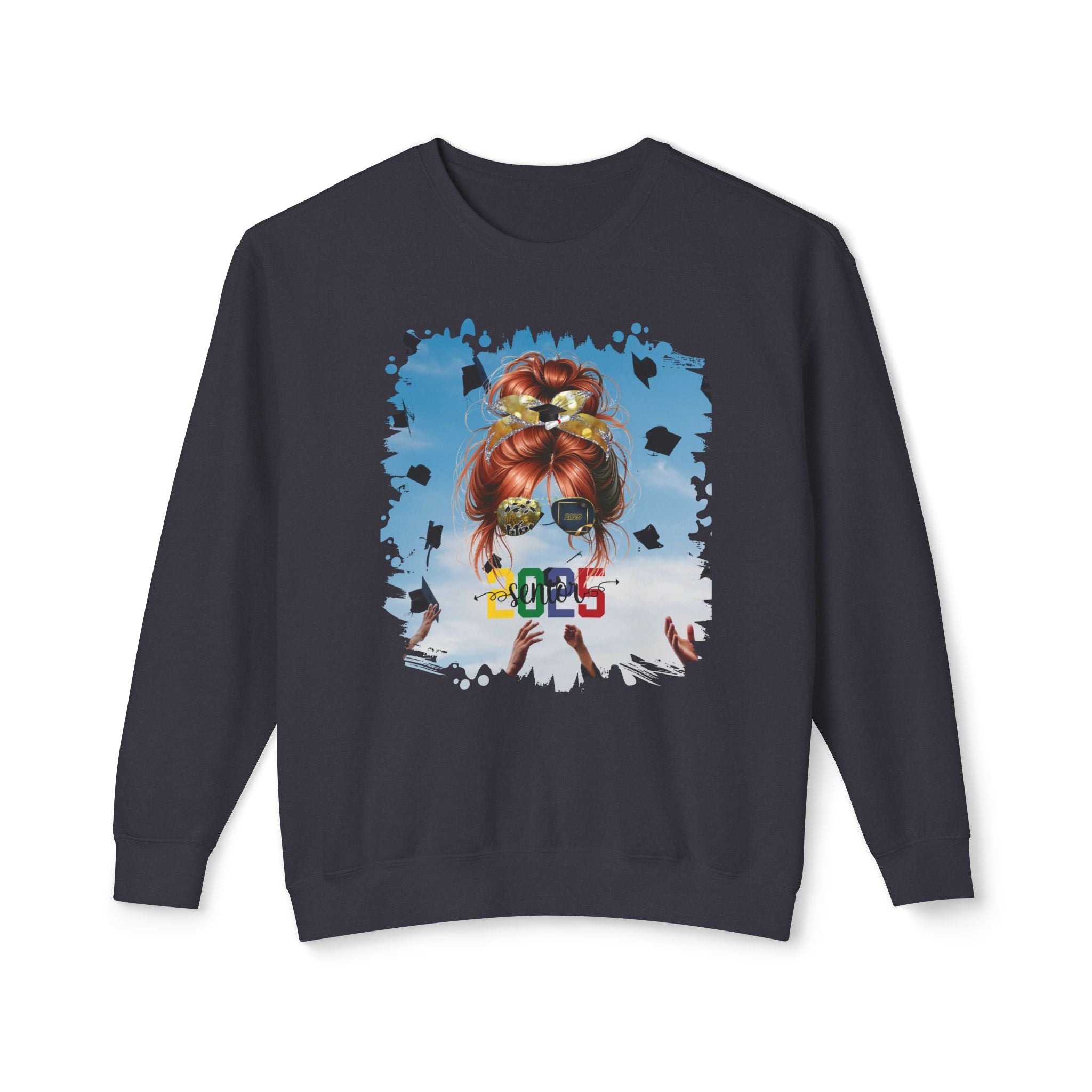 Senior 2025 Colorful, Celebration, Red Hair Messy Bun, Unisex Lightweight Crewneck Sweatshirt