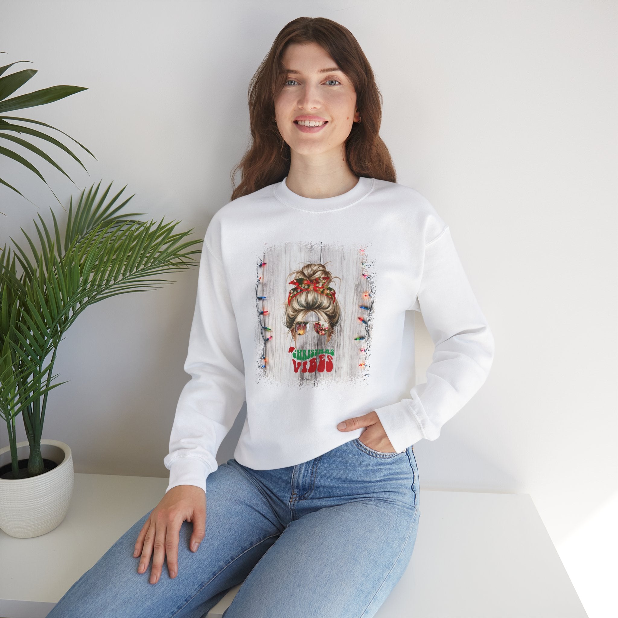 Christmas Vibes Christmas String Lights, Blond Hair Messy Bun, Unisex Heavy Blend™ Crewneck Sweatshirt