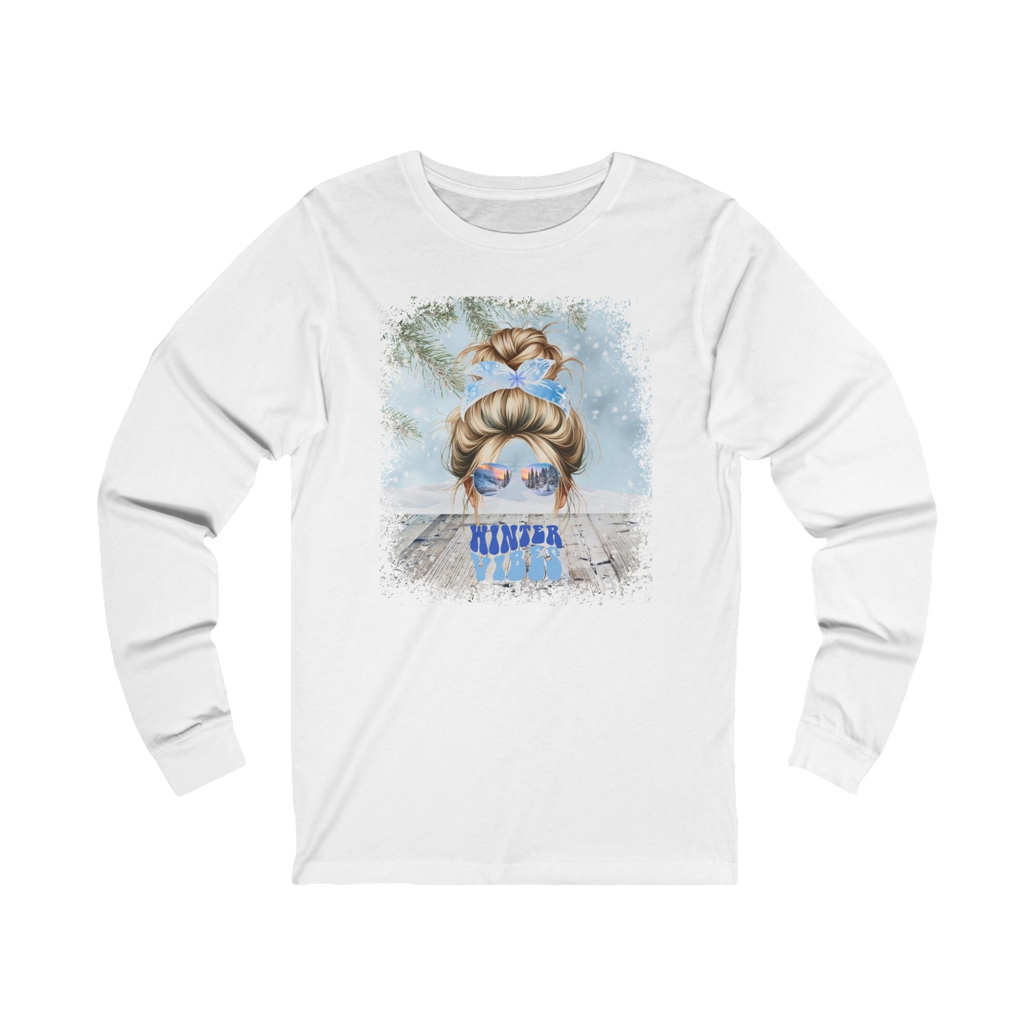 Winter Vibes Winter Snowy Porch, Blond Hair Messy Bun, Unisex Jersey Long Sleeve Tee