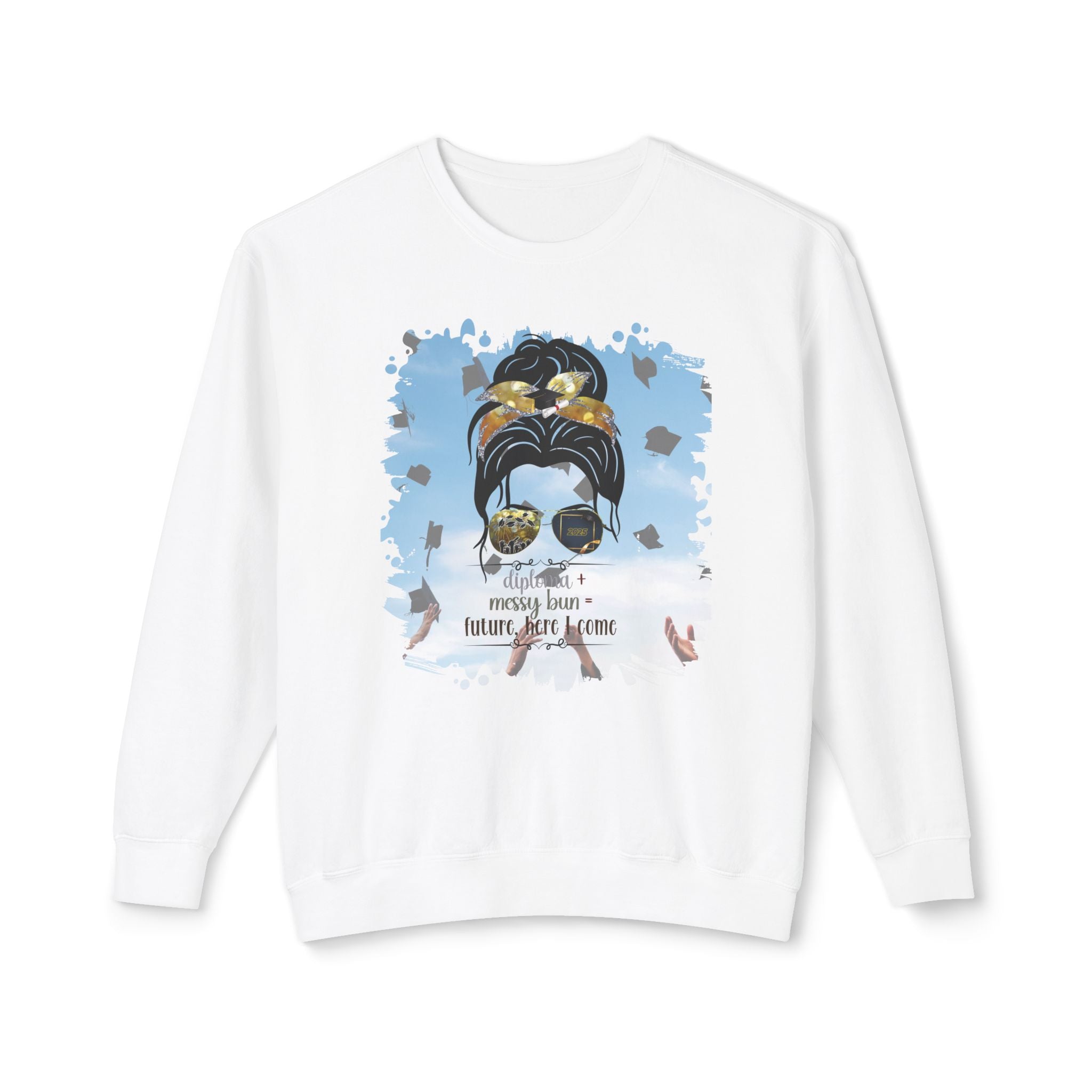Diploma + Messy Bun, Celebration, Dark Hair Messy Bun, Unisex Lightweight Crewneck Sweatshirt