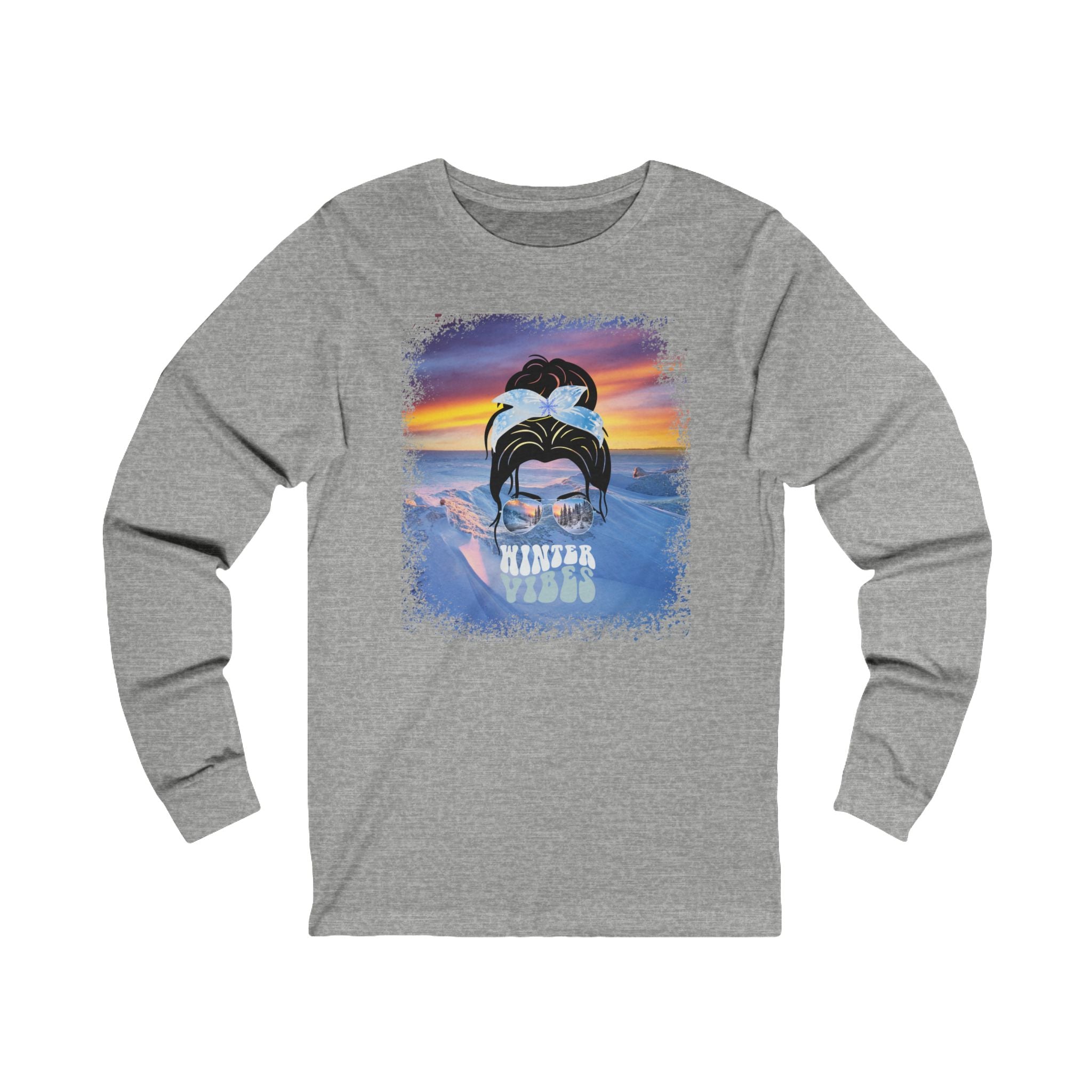 Winter Vibes Winter Mountain, Dark Hair Messy Bun, Unisex Jersey Long Sleeve Tee