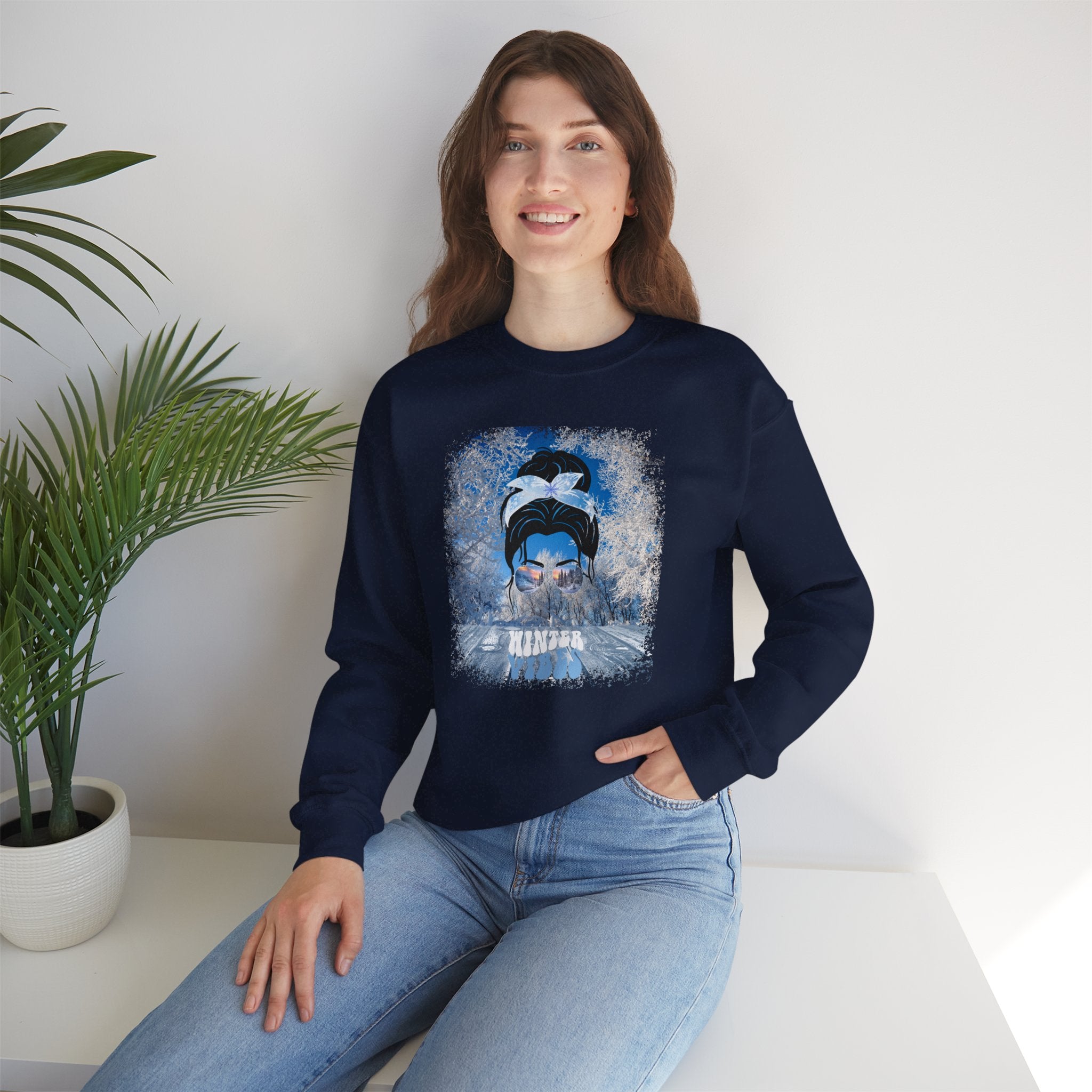 Winter Vibes Winter Porch, Dark Hair Messy Bun, Unisex Heavy Blend™ Crewneck Sweatshirt