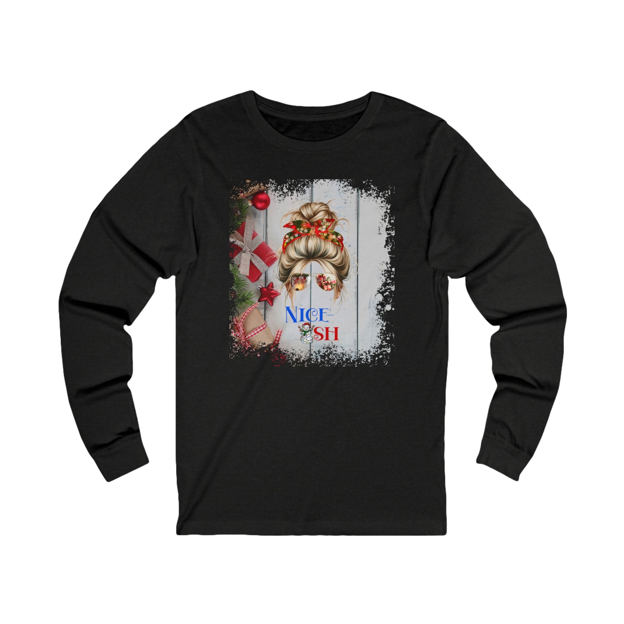 Nice-ish Christmas Presents, Blond Hair Messy Bun, Unisex Jersey Long Sleeve Tee