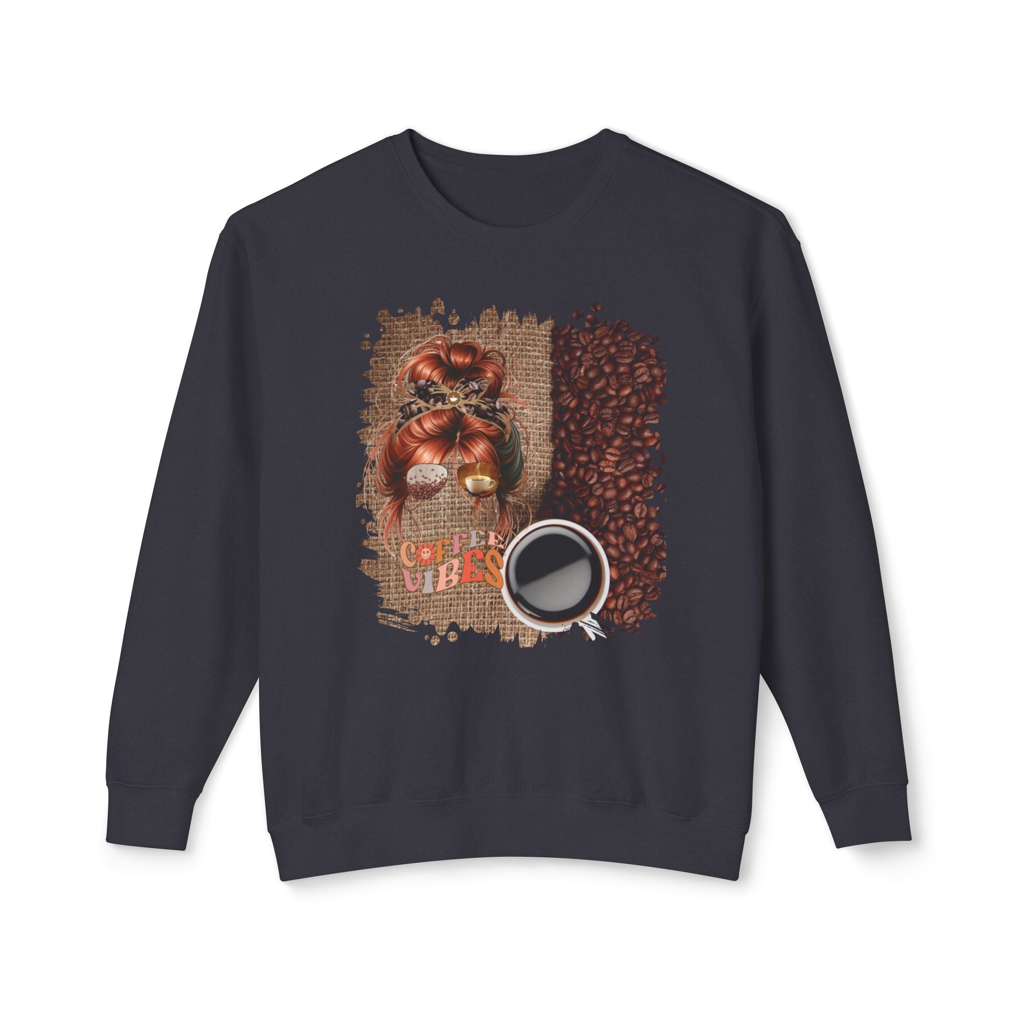 Coffee Vibes, Coffee Beans Bag, Red Hair Messy Bun, Unisex Lightweight Crewneck Sweatshirt