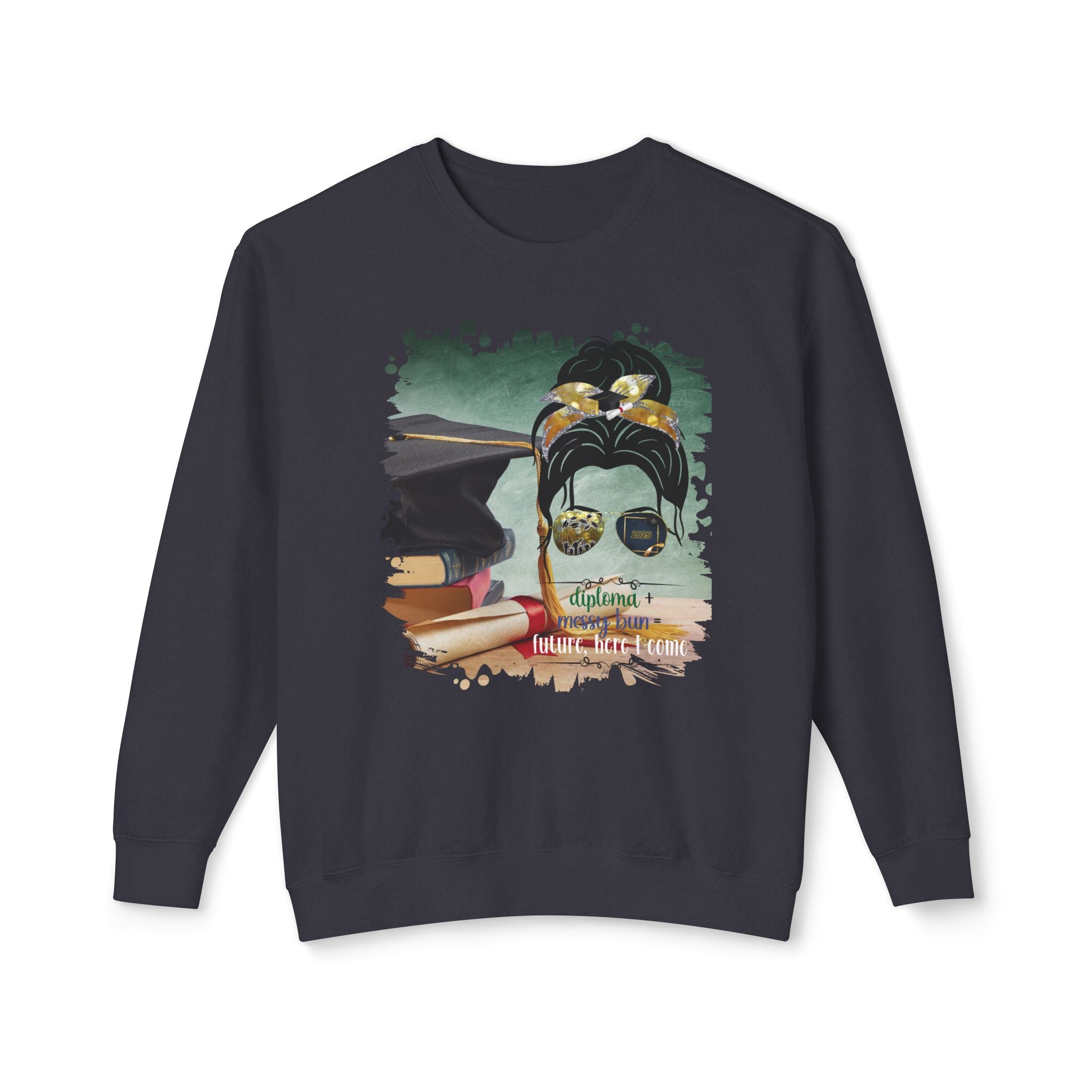 Diploma + Messy Bun, Cap & Degree/Diploma, Dark Hair Messy Bun, Unisex Lightweight Crewneck Sweatshirt