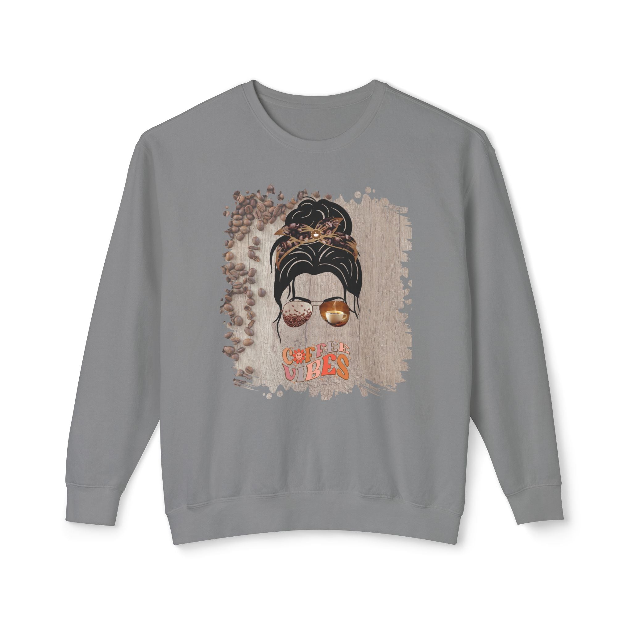 Coffee Vibes, Coffee Beans Table, Dark Hair Messy Bun, Unisex Lightweight Crewneck Sweatshirt