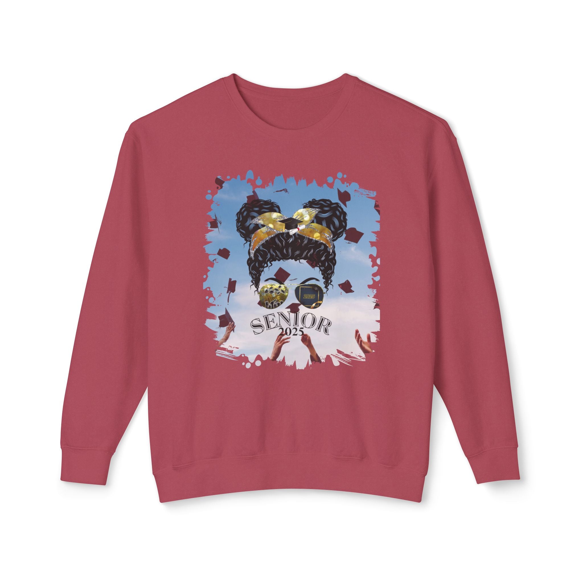 Senior 2025, Celebration, Black Hair Messy Bun, Unisex Lightweight Crewneck Sweatshirt