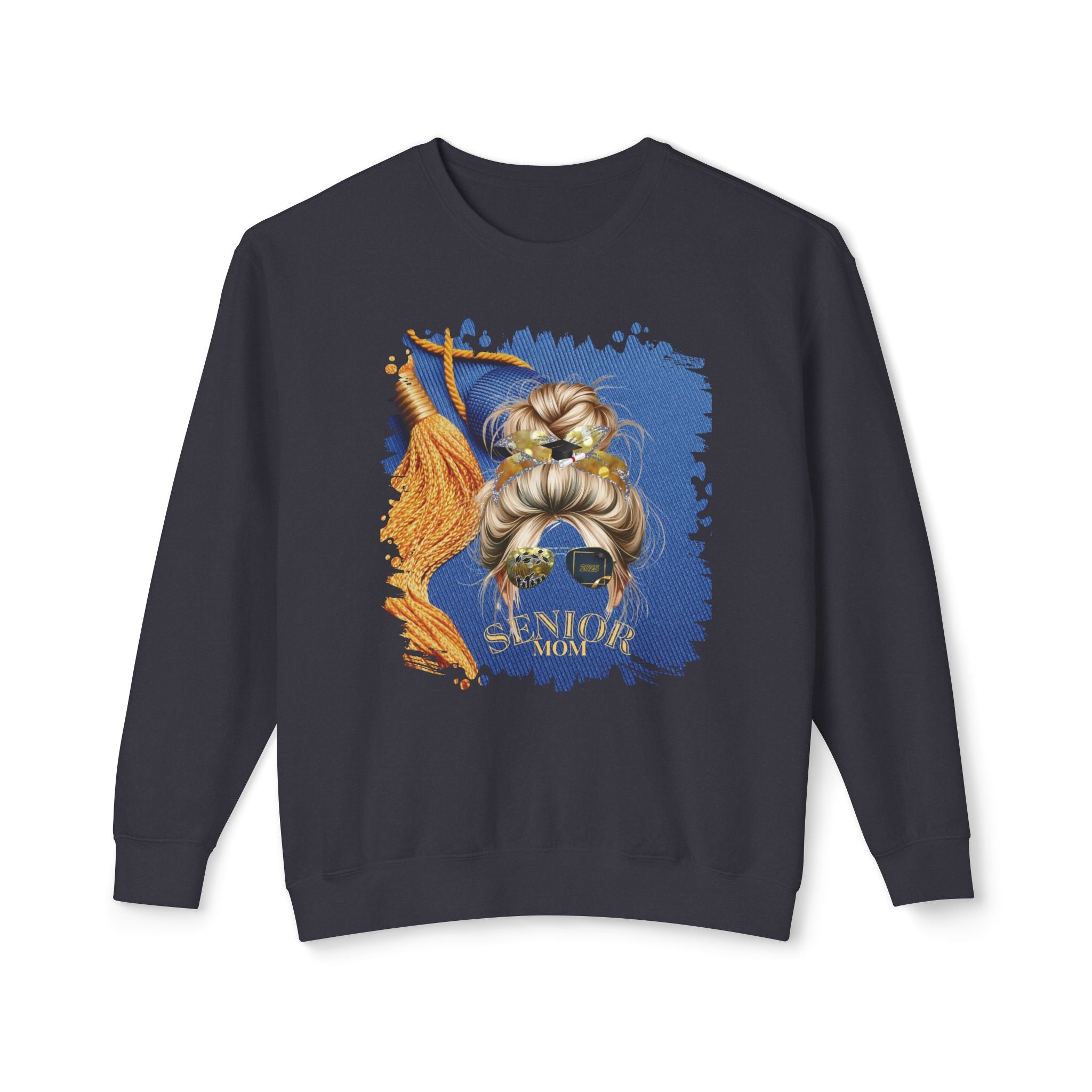 Senior Mom, Graduation Cap, Blond Hair Messy Bun, Unisex Lightweight Crewneck Sweatshirt