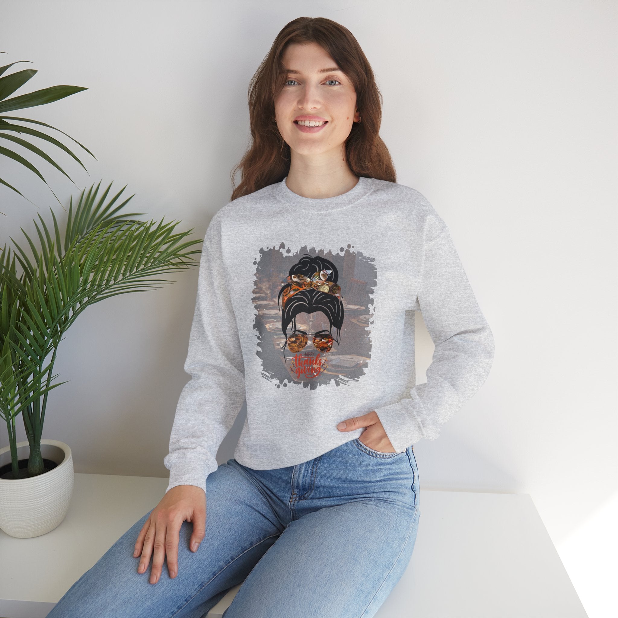 Happy Thanksgiving Table Setting, Dark Hair Messy Bun, Unisex Heavy Blend™ Crewneck Sweatshirt