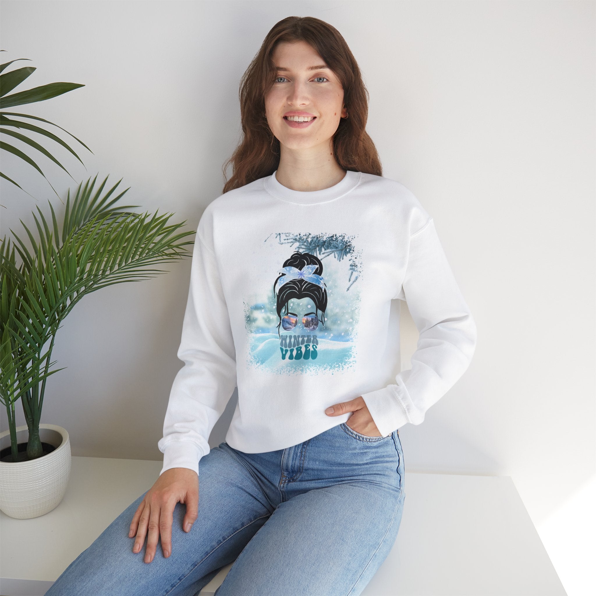 Winter Vibes Snow, Dark Hair Messy Bun, Unisex Heavy Blend™ Crewneck Sweatshirt