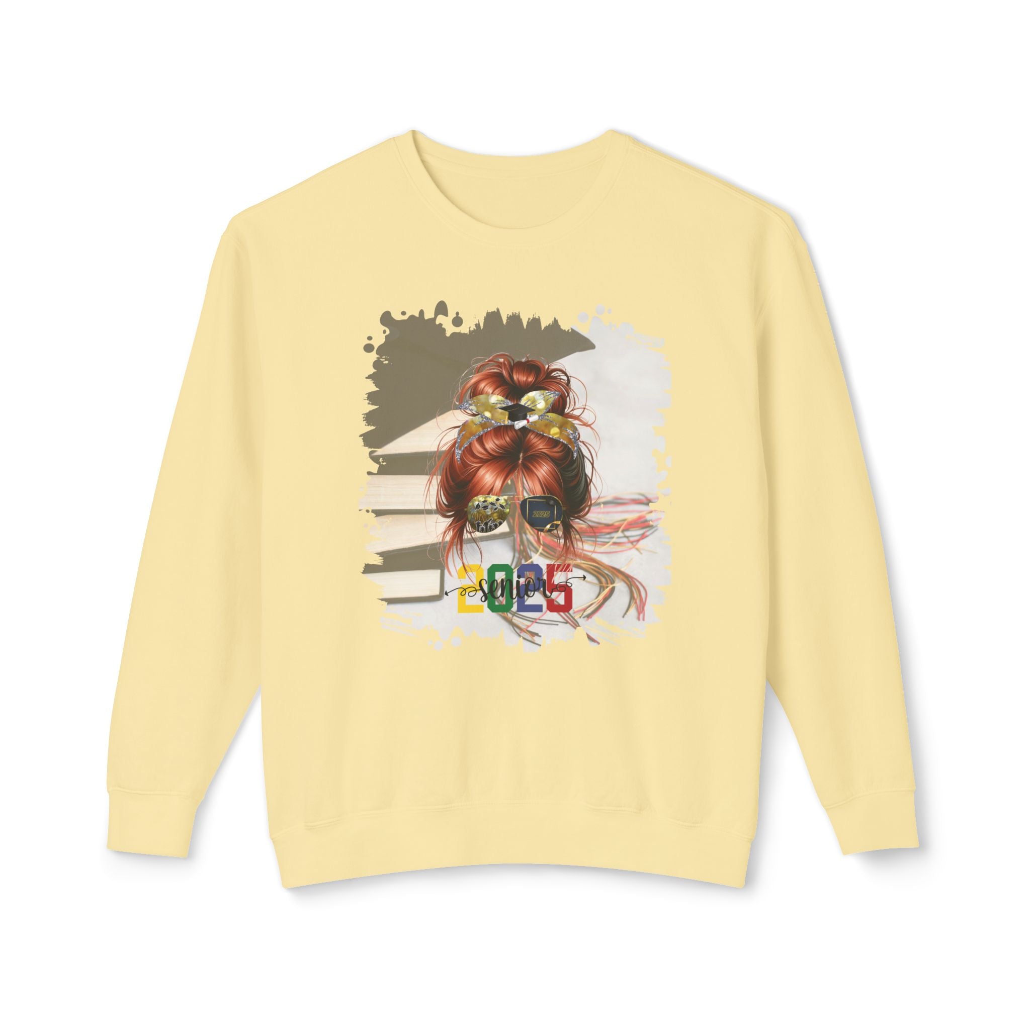 Senior 2025 Colorful, Cap & Books, Red Hair Messy Bun, Unisex Lightweight Crewneck Sweatshirt