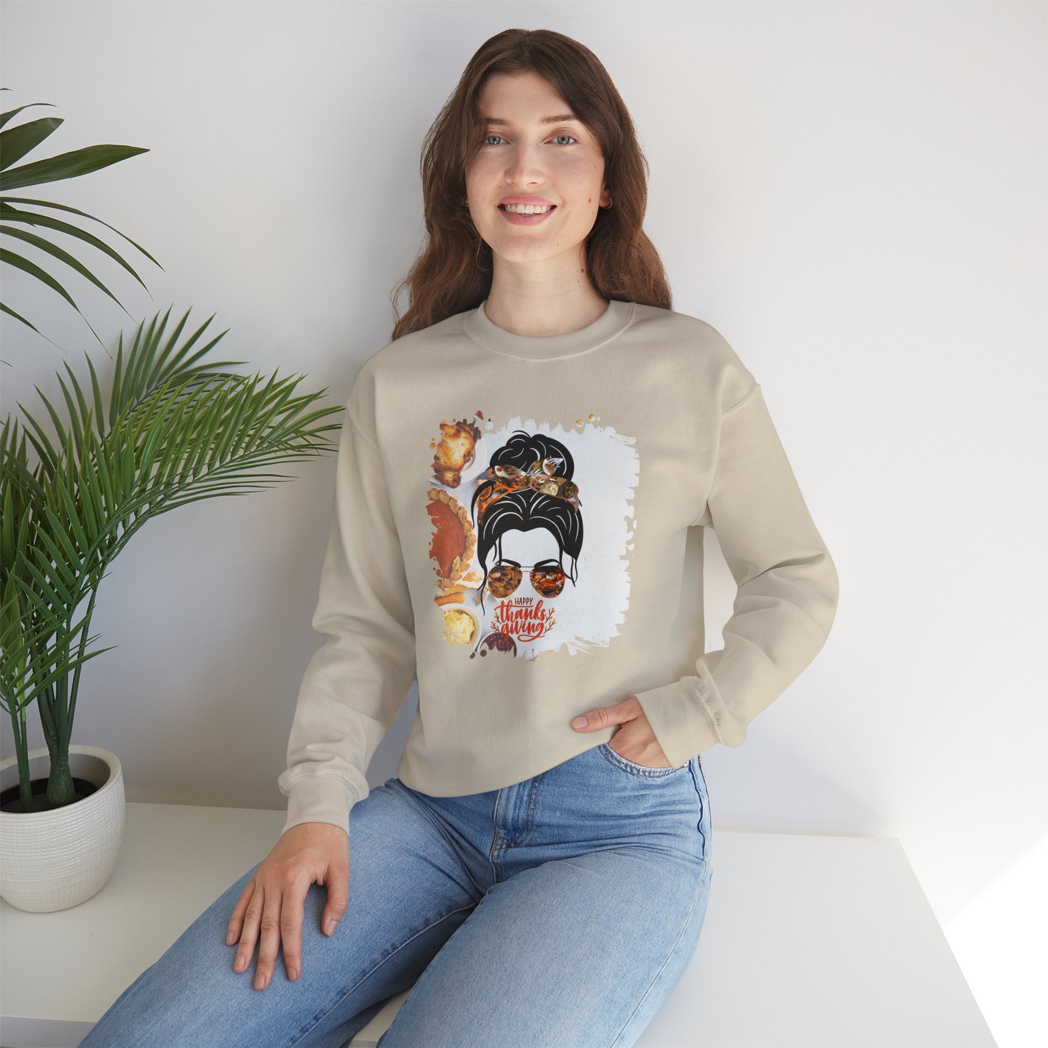 Happy Thanksgiving, Thanksgiving Pie, Dark Hair Messy Bun, Unisex Heavy Blend™ Crewneck Sweatshirt