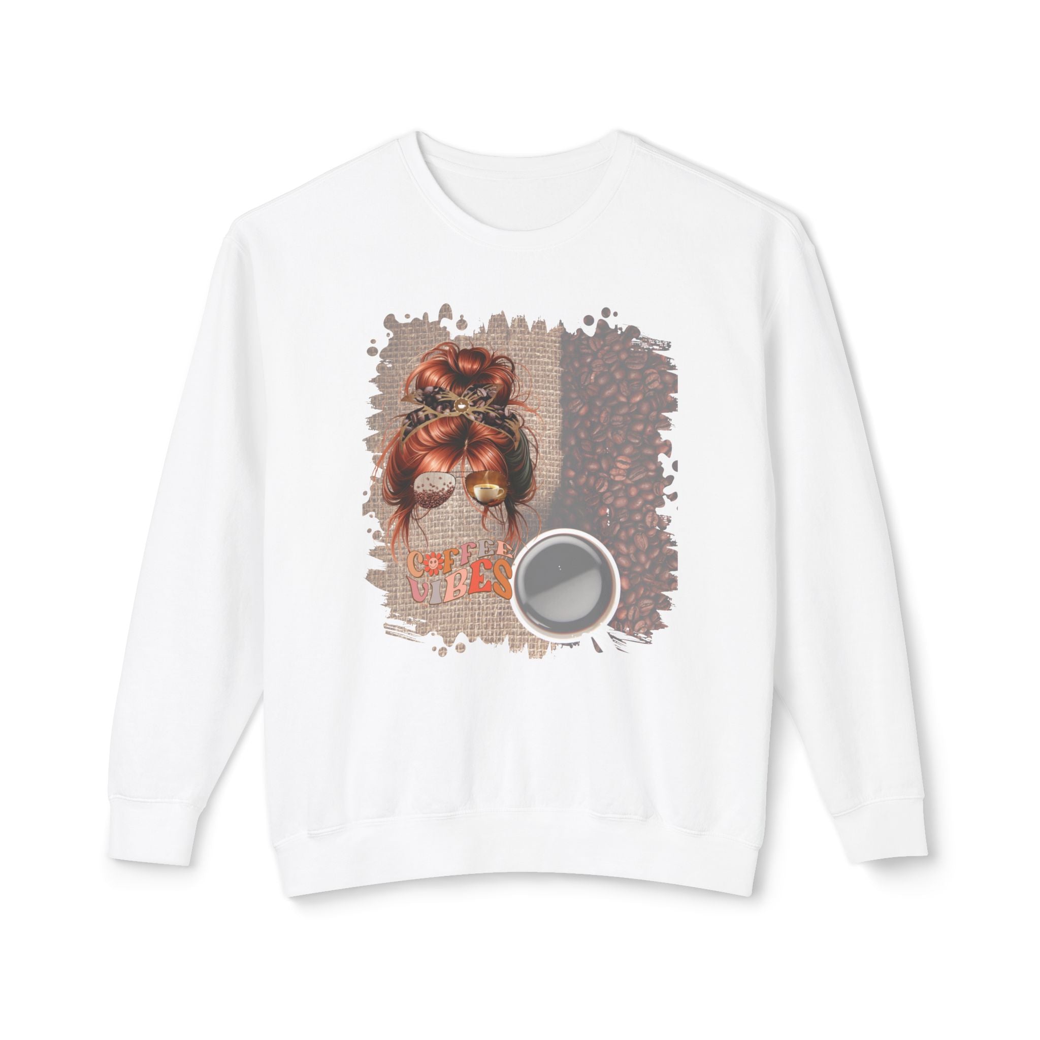 Coffee Vibes, Coffee Beans Bag, Red Hair Messy Bun, Unisex Lightweight Crewneck Sweatshirt