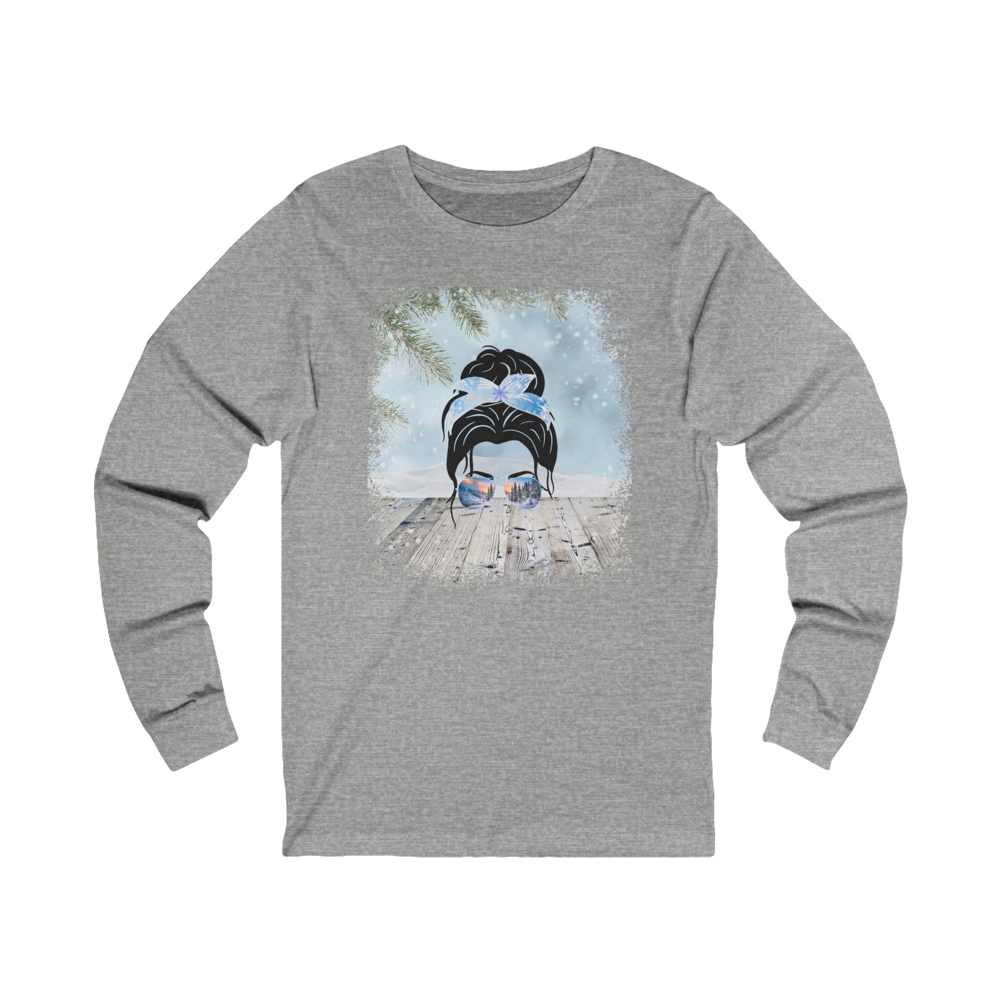 Winter Snowy Porch, Dark Hair Messy Bun, Unisex Jersey Long Sleeve Tee