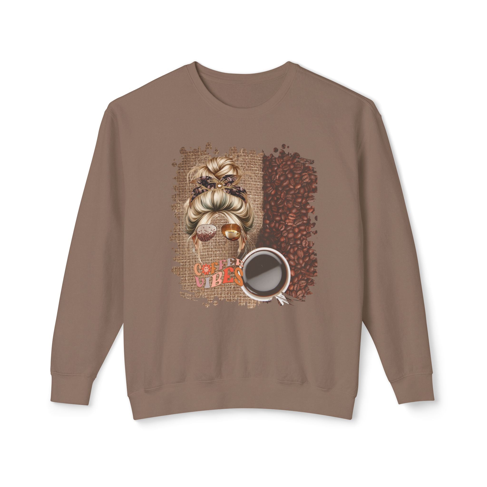 Coffee Vibes, Coffee Beans Bag, Blond Hair Messy Bun, Unisex Lightweight Crewneck Sweatshirt