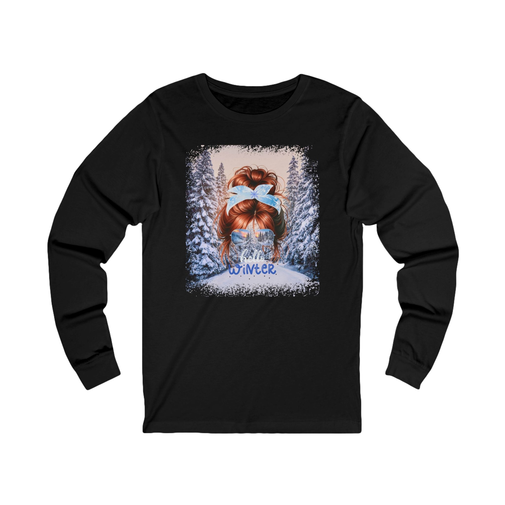 Hello Winter, Winter Trail, Red Hair Messy Bun, Unisex Jersey Long Sleeve Tee