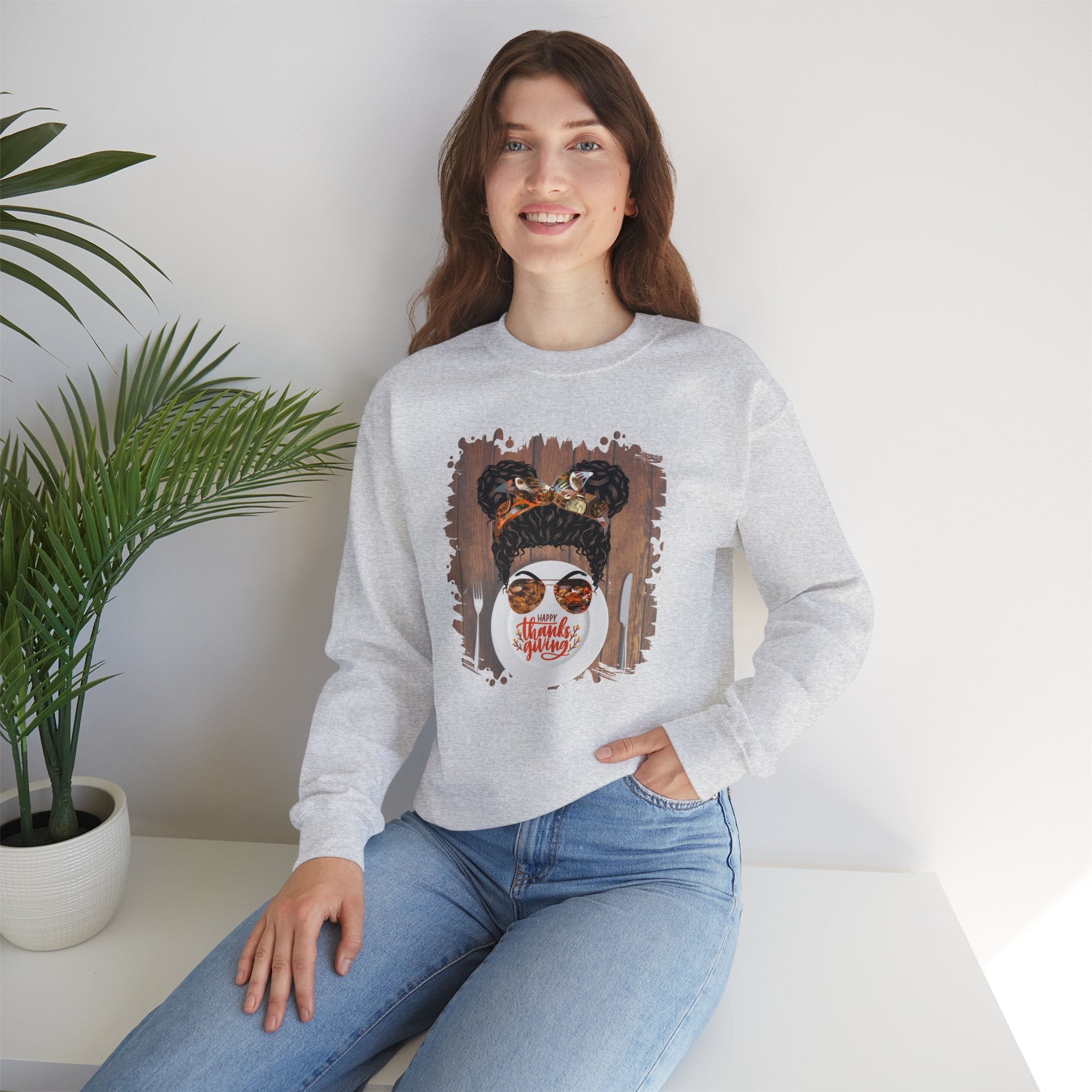 Happy Thanksgiving Plate Setting, Black Hair Messy Bun, Unisex Heavy Blend™ Crewneck Sweatshirt