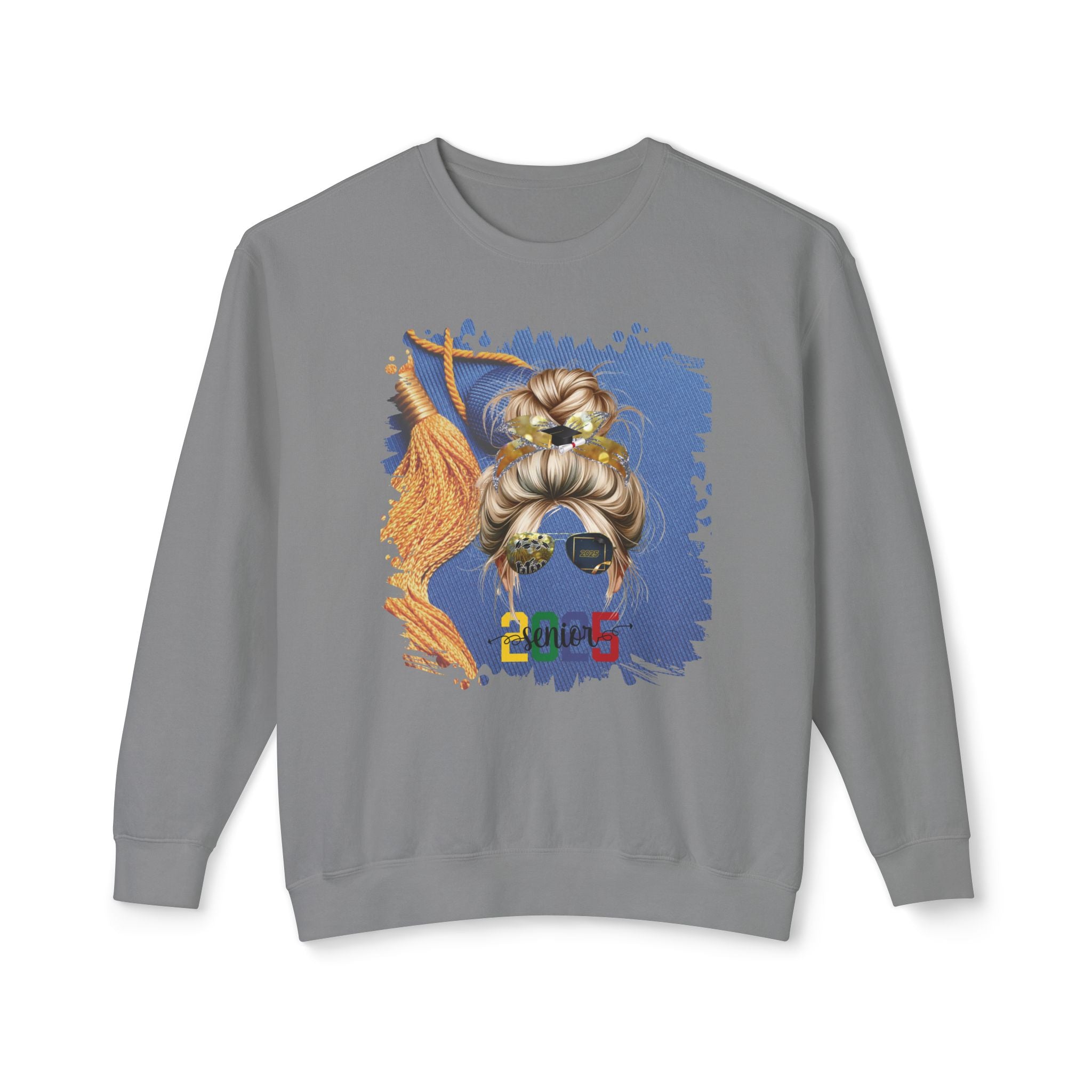Senior 2025 Colorful, Graduation Cap, Blond Hair Messy Bun, Unisex Lightweight Crewneck Sweatshirt