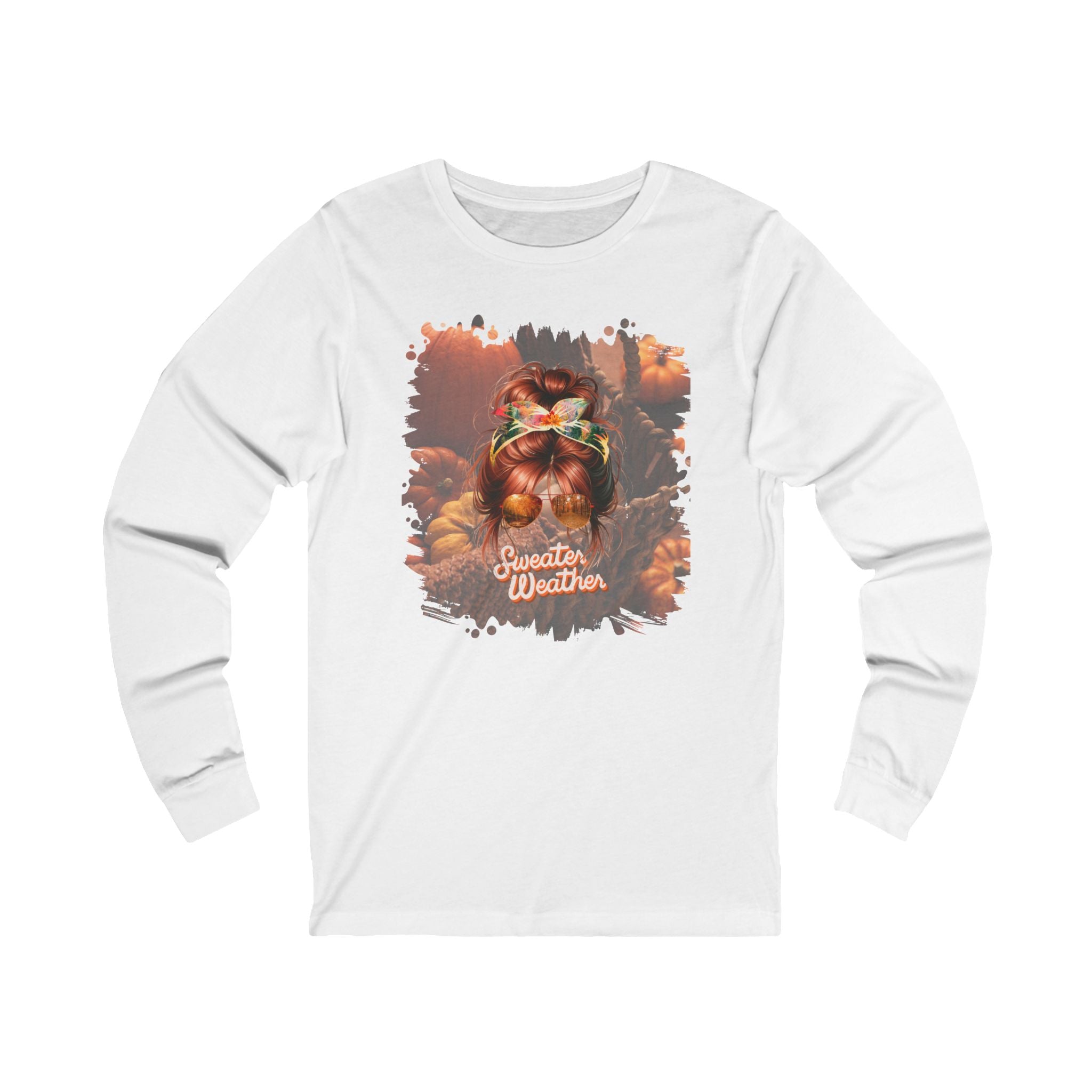 Sweater Weather Fall Pumpkins, Red Hair Messy Bun, Unisex Jersey Long Sleeve Tee